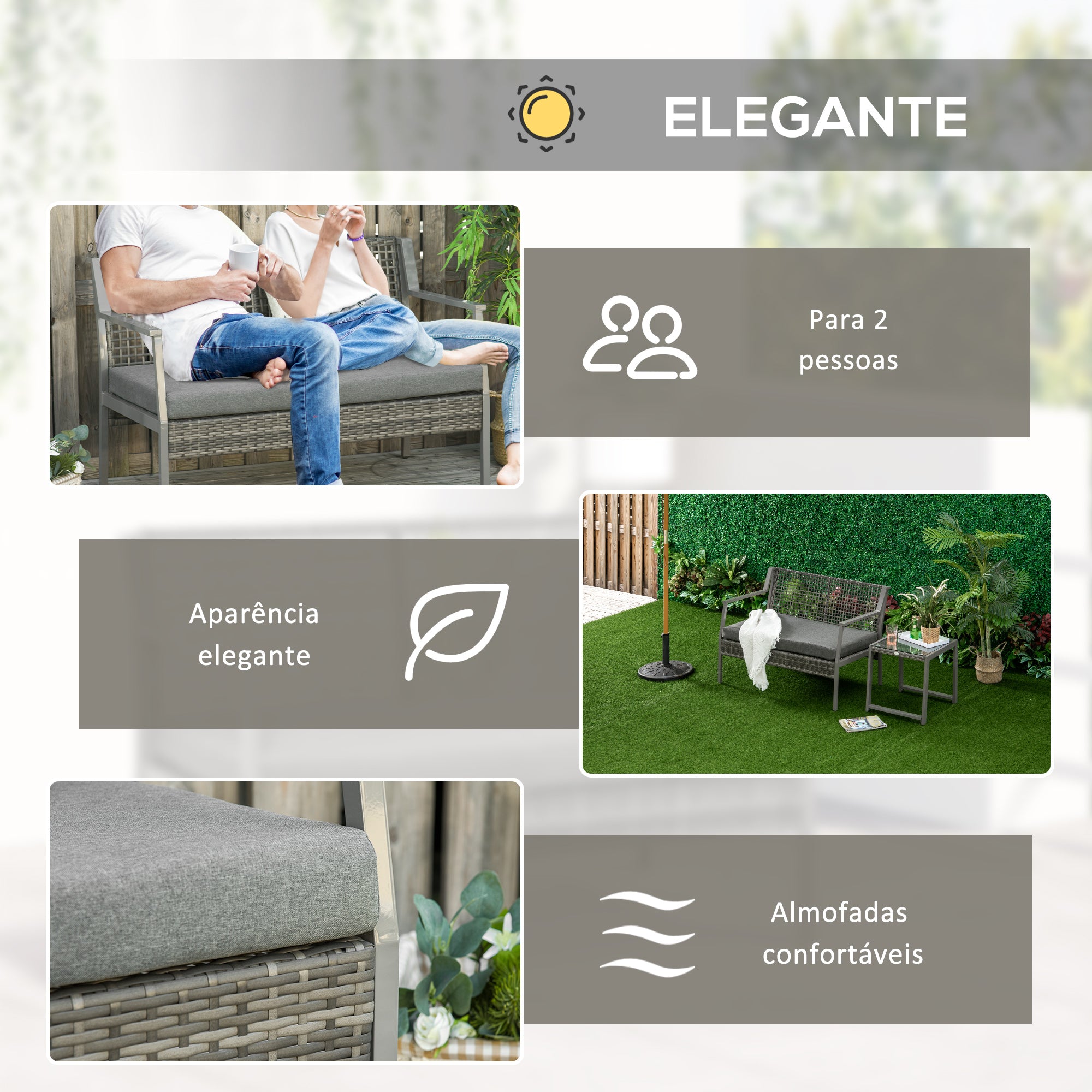 Banco de Jardim de Vime Cinzento 118x75x79 cm com Almofada Amovível