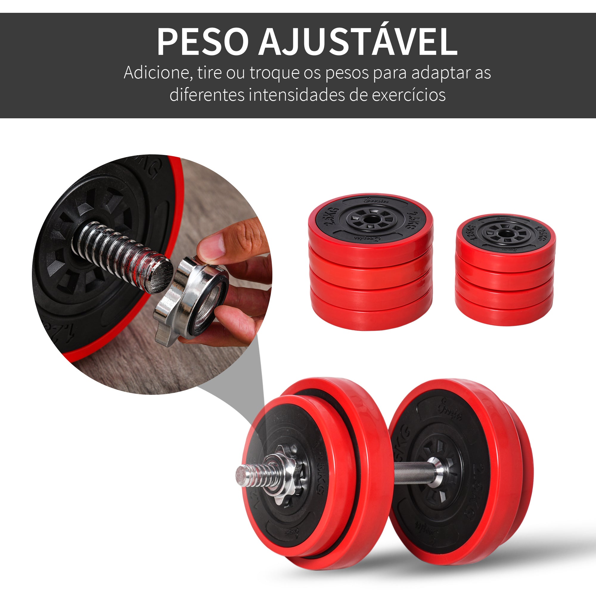 Conjunto de Halteres Ajustáveis 20kg em Preto e Vermelho - Ø21.5x3.8cm