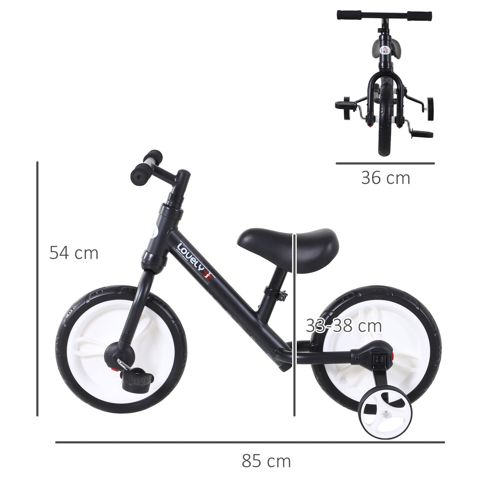 Bicicleta 2 em 1 com Assento Ajustável 33-38cm Cor Preto 85x36x54 cm