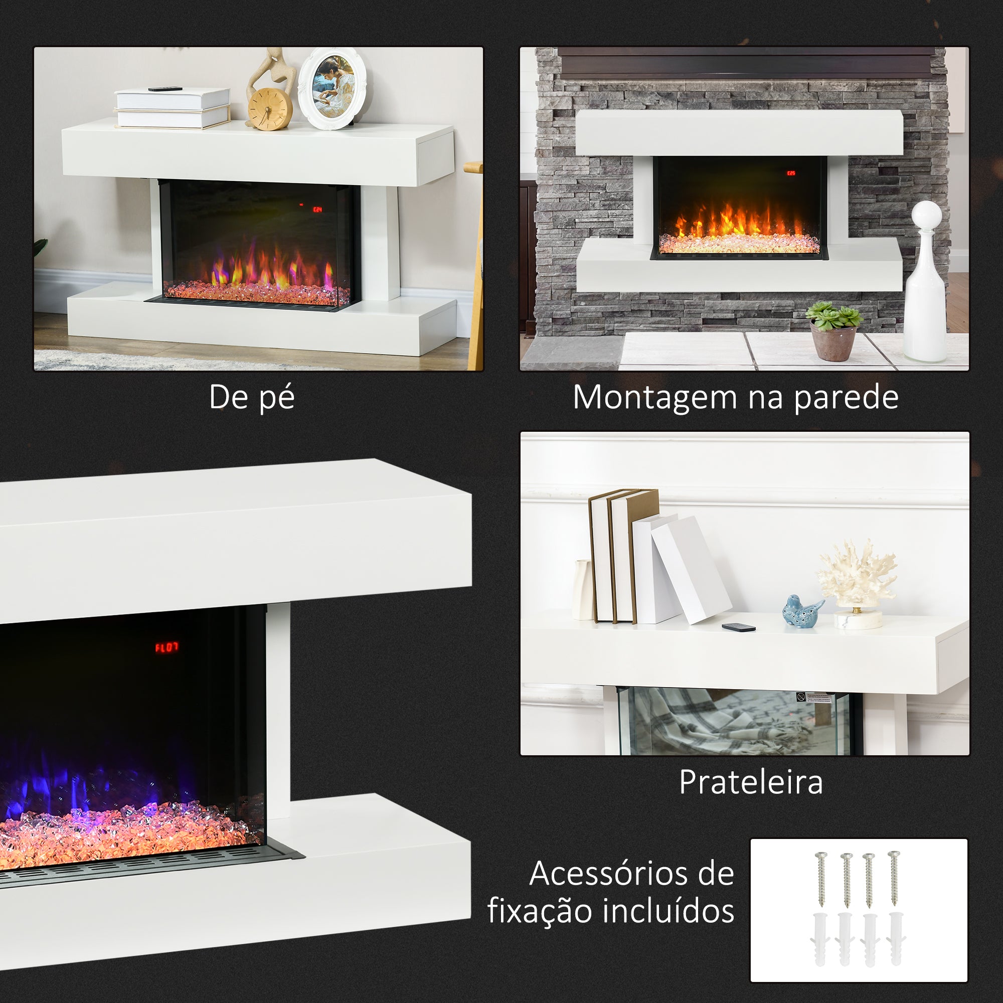 Lareira Elétrica – 98x27x54,5 cm – Branco – MDF, aço e vidro temperado
