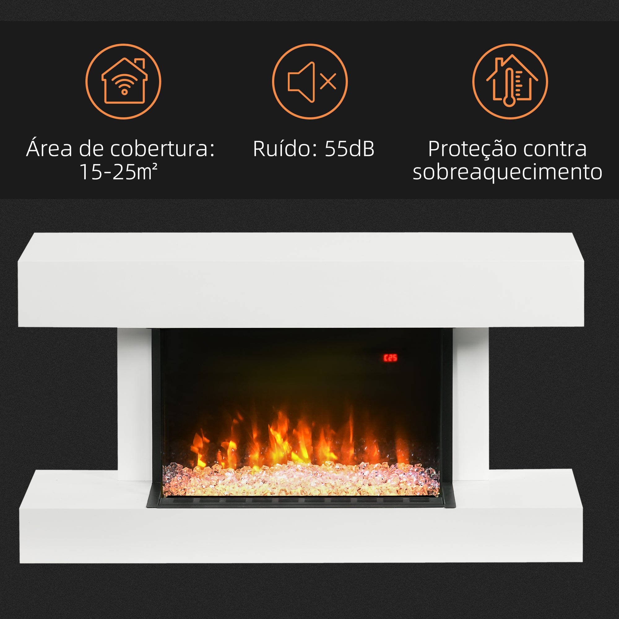 Lareira Elétrica – 98x27x54,5 cm – Branco – MDF, aço e vidro temperado