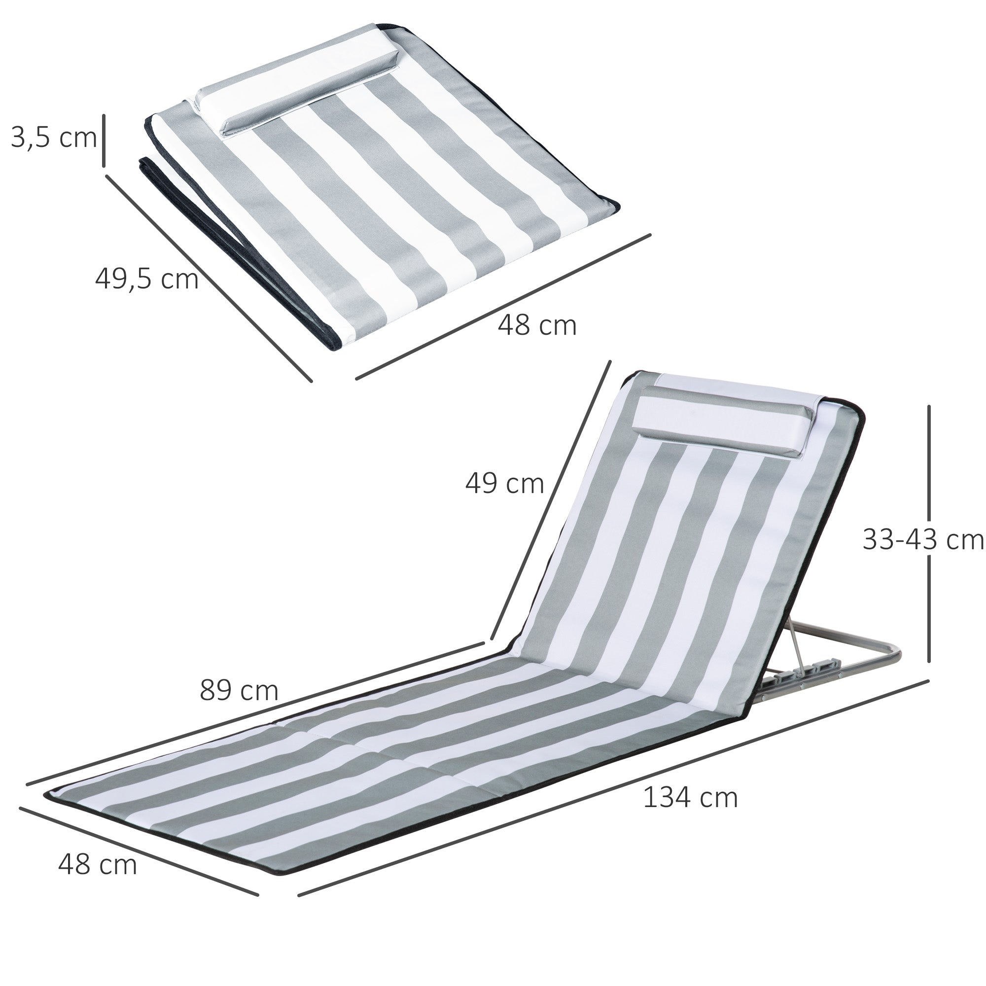 Conjunto de 2 Esteiras de Praia com Encosto Reclinável 48x134x33-43 cm - Branco e Cinza