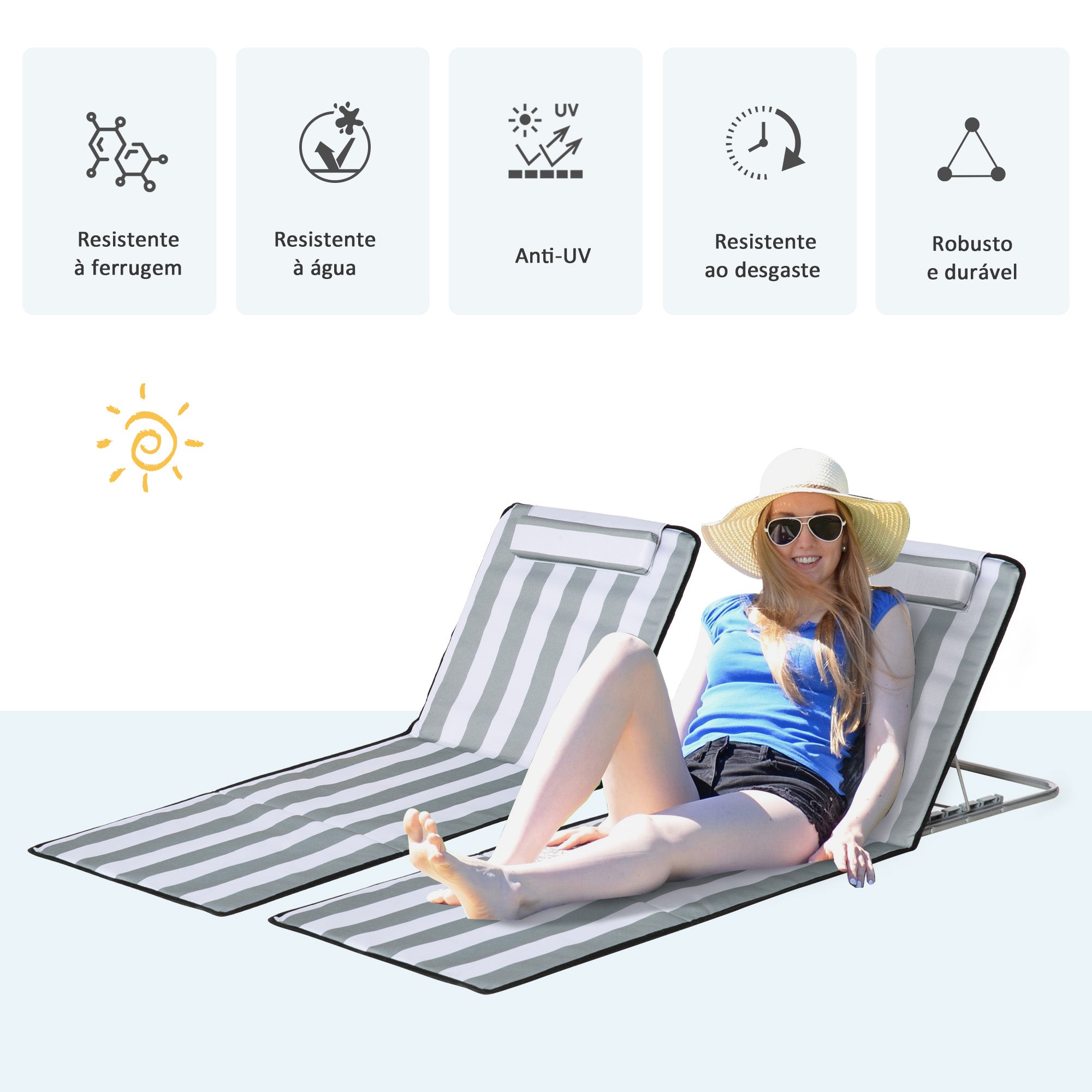 Conjunto de 2 Esteiras de Praia com Encosto Reclinável 48x134x33-43 cm - Branco e Cinza