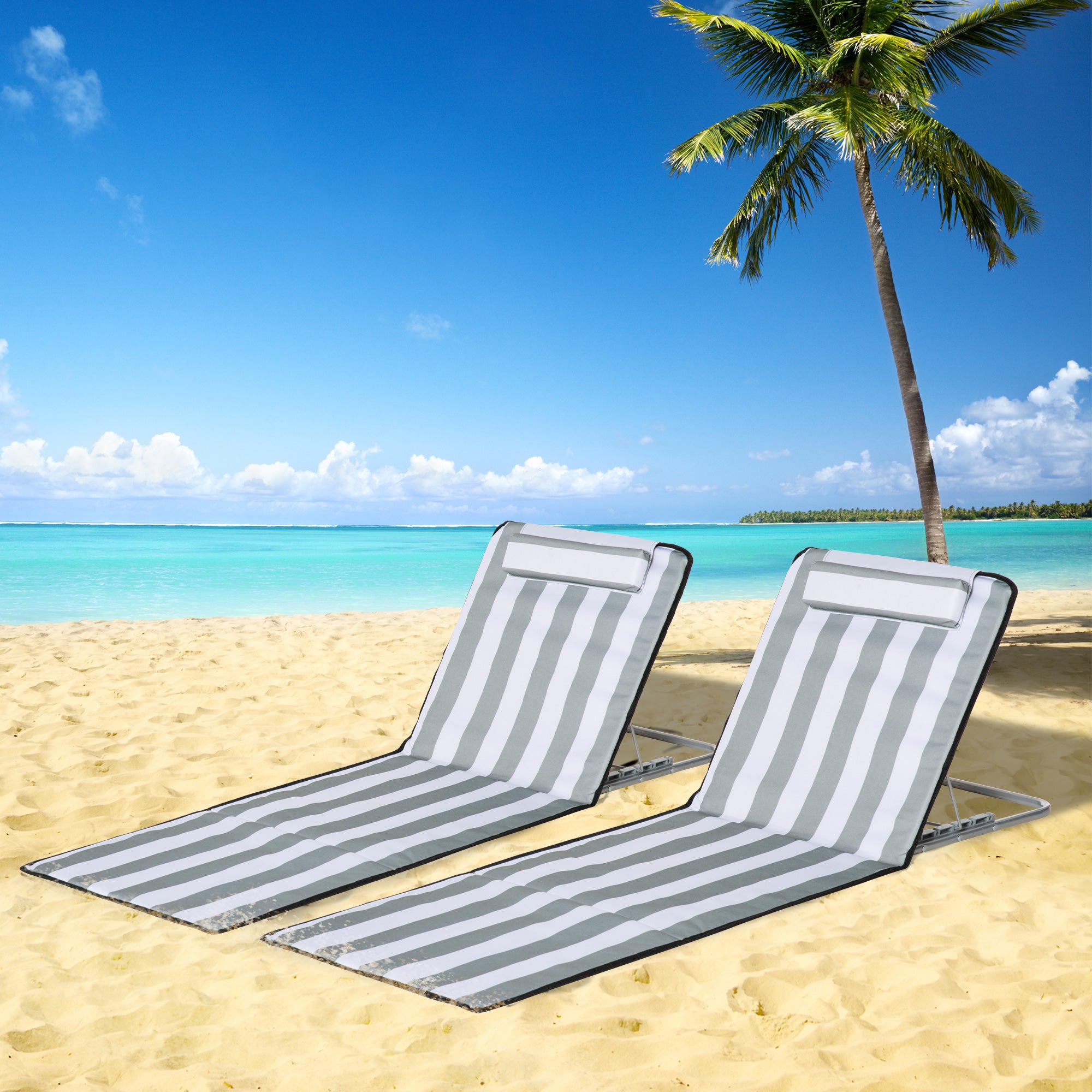 Conjunto de 2 Esteiras de Praia com Encosto Reclinável 48x134x33-43 cm - Branco e Cinza