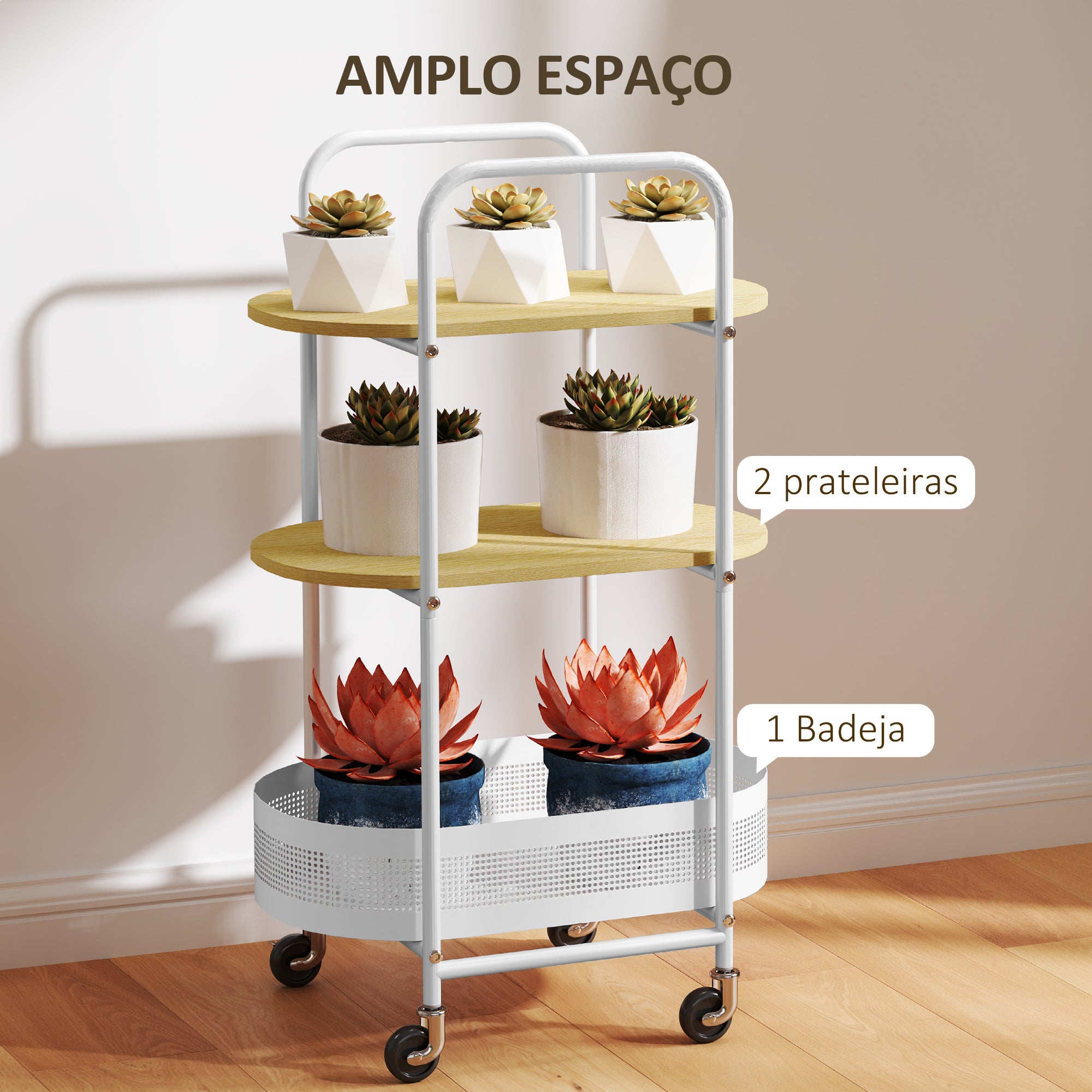 Carrinho Auxiliar com Rodas – 49,5x32,5x82,5 cm – Branco – Melamina de madeira e aço