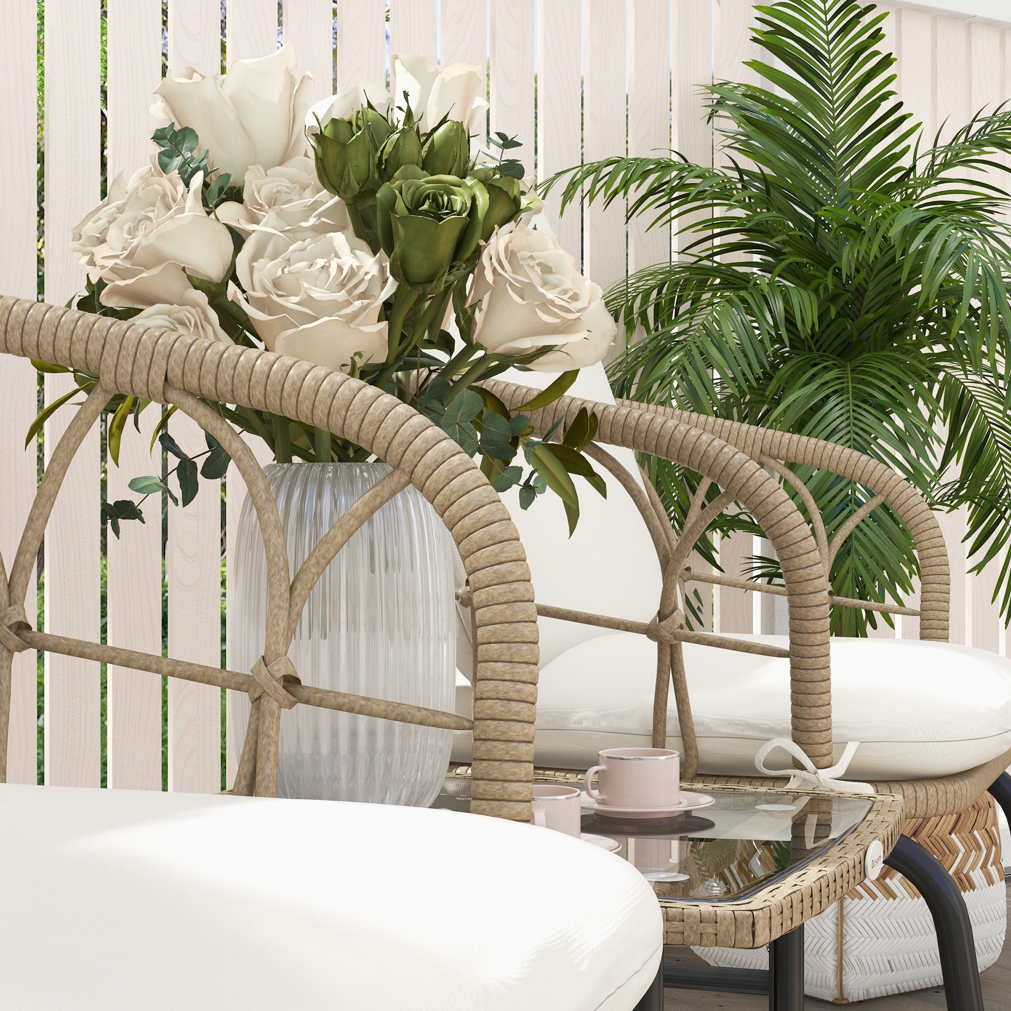 Conjunto de Móveis de Jardim – 63x82x75 cm – Creme e Bege – Vime e Aço