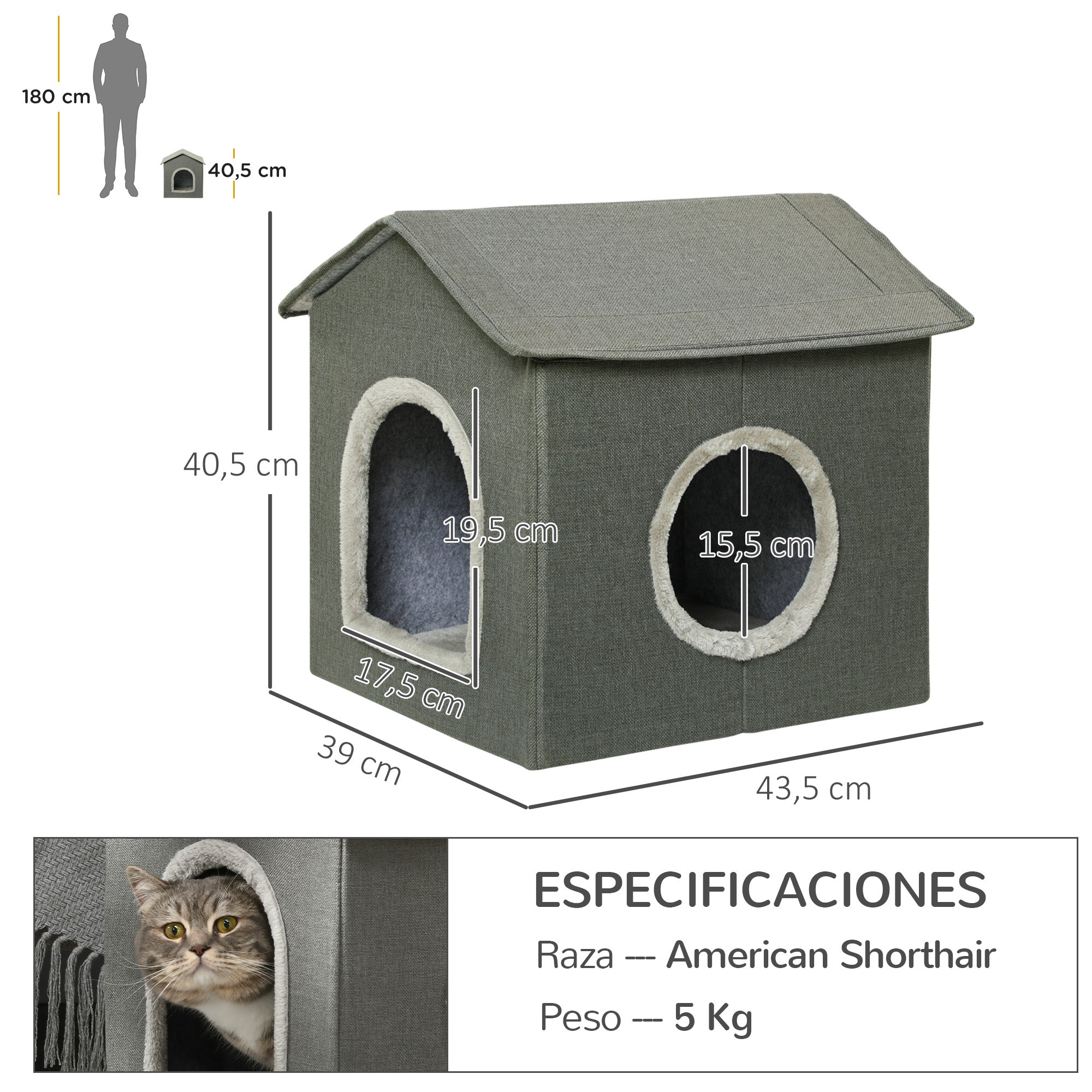 Cama para Gatos Caverna com 2 Portas e Almofada Lavável 39x43,5x40,5 cm - Cinzento
