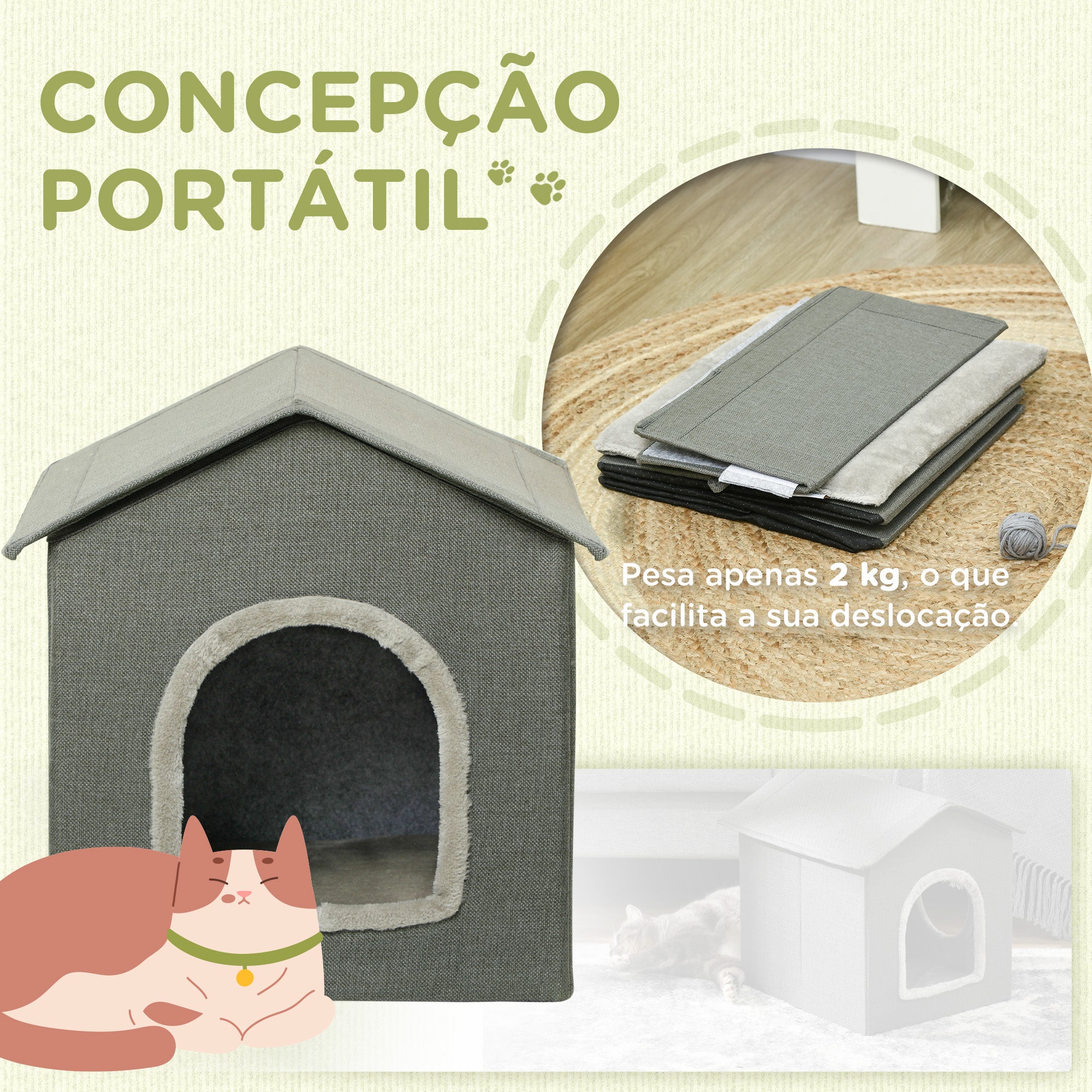 Cama para Gatos Caverna com 2 Portas e Almofada Lavável 39x43,5x40,5 cm - Cinzento