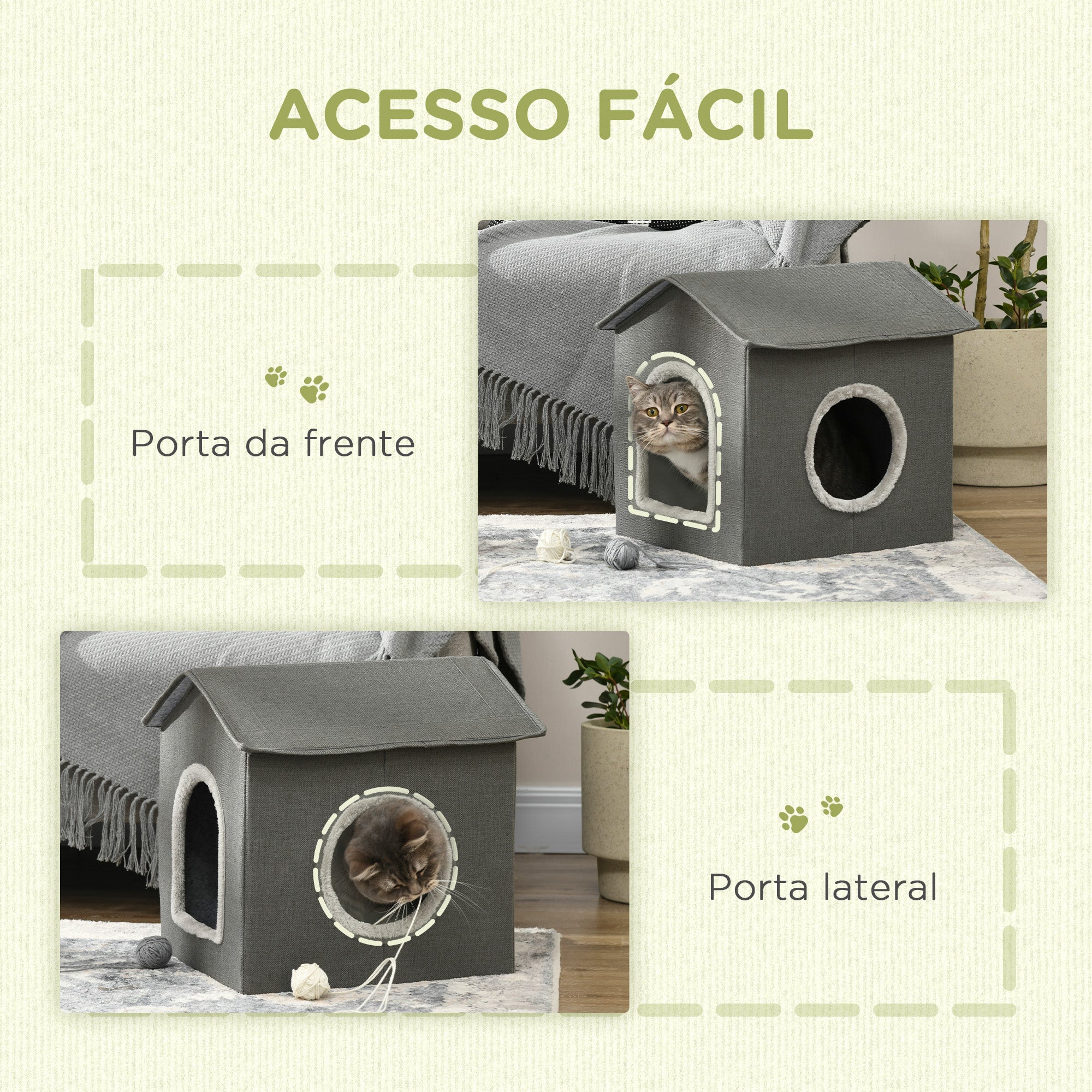 Cama para Gatos Caverna com 2 Portas e Almofada Lavável 39x43,5x40,5 cm - Cinzento