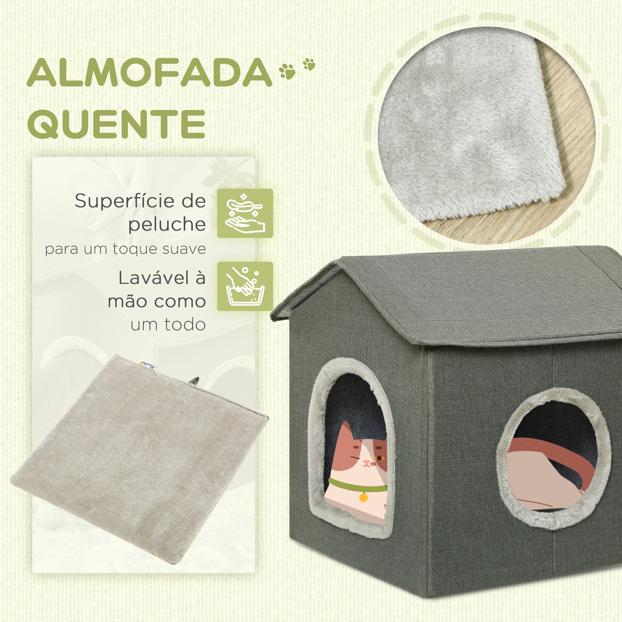 Cama para Gatos Caverna com 2 Portas e Almofada Lavável 39x43,5x40,5 cm - Cinzento