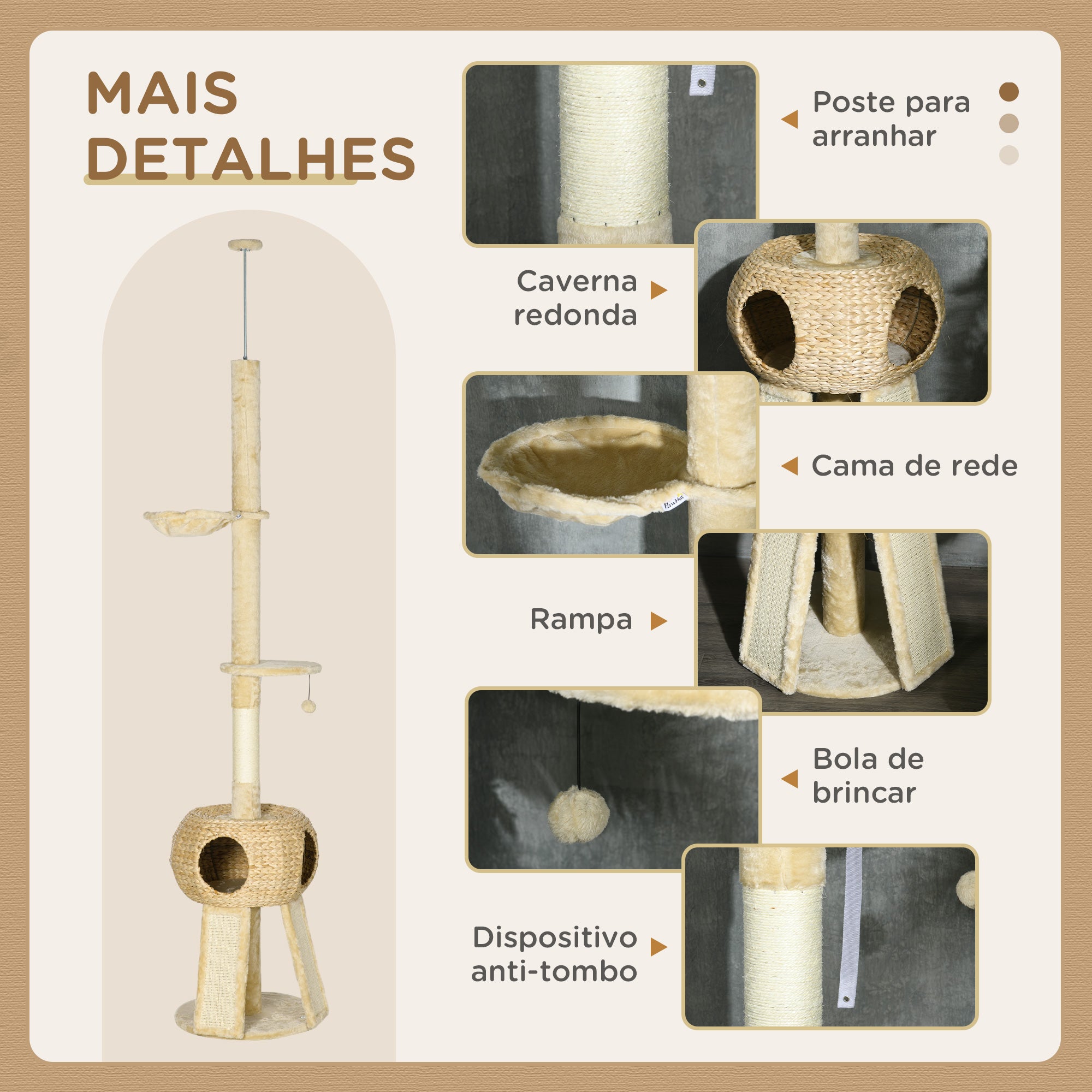 Arranhador para Gatos Chão ao Teto Ø48x225-255 cm Bege