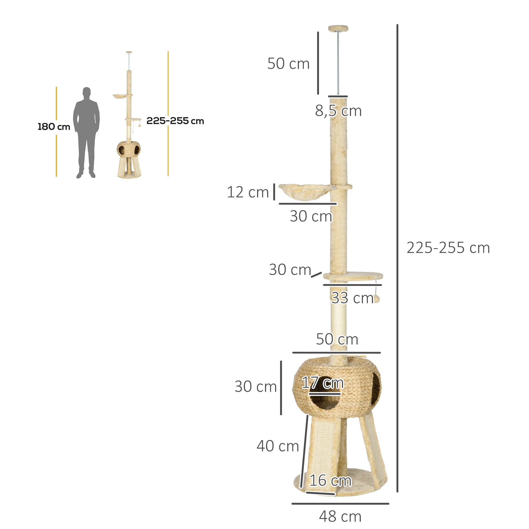 Arranhador para Gatos Chão ao Teto Ø48x225-255 cm Bege
