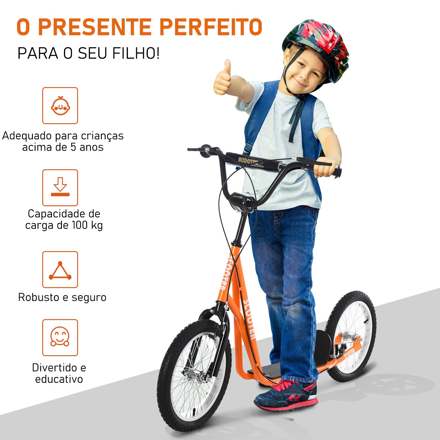 Trotinete para Crianças e Adolescentes - Laranja 139x58x90-96 cm
