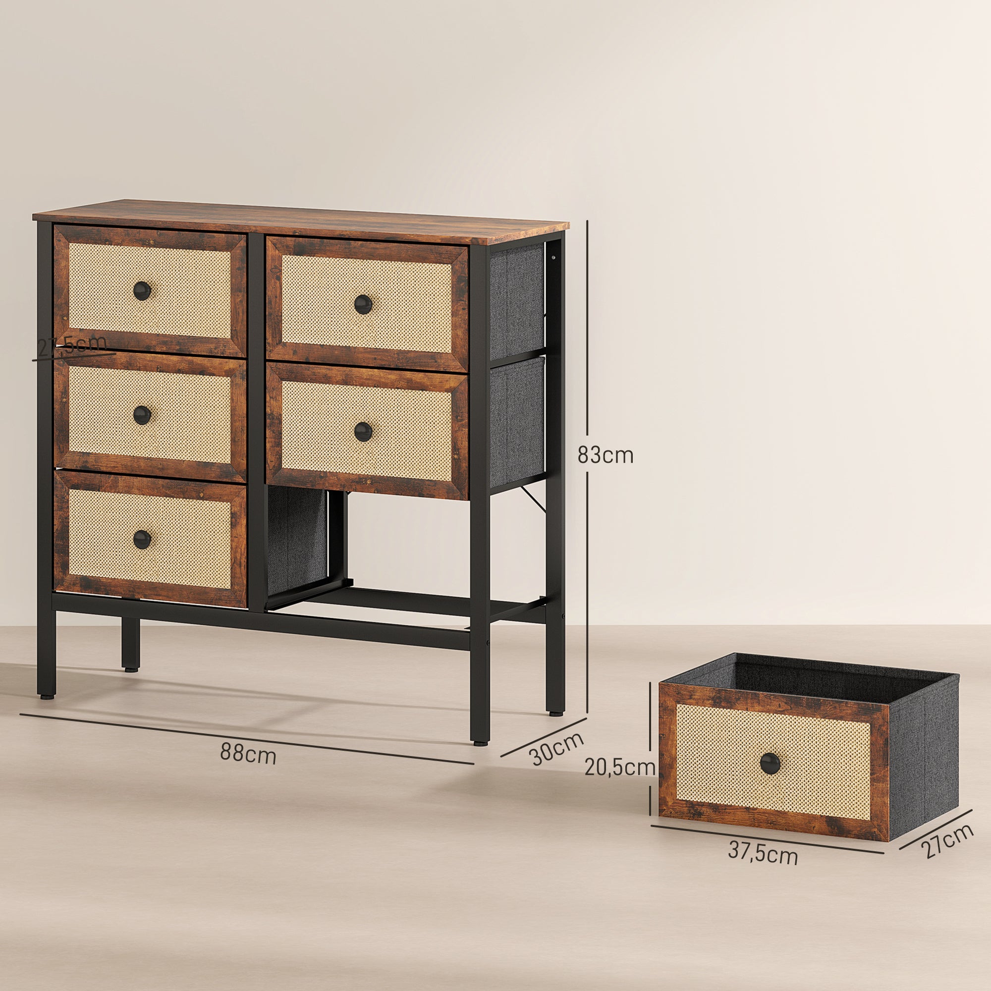 Cómoda de Tecido com 6 Gavetas Dobráveis 88x30x83 cm - Castanho Rústico