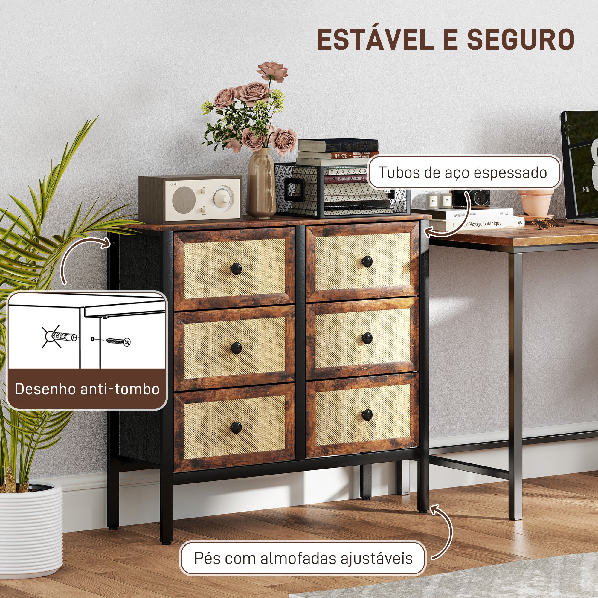 Cómoda de Tecido com 6 Gavetas Dobráveis 88x30x83 cm - Castanho Rústico
