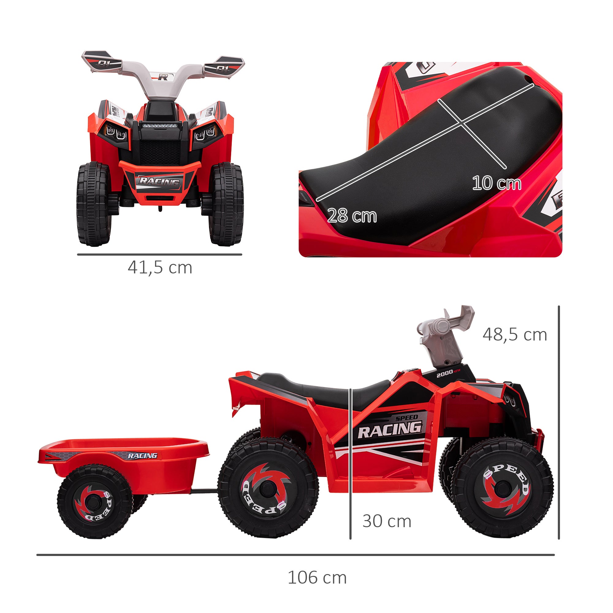 Quadriciclo Elétrico para Crianças – 106x41,5x48,5 cm – Vermelho – PP e Metal