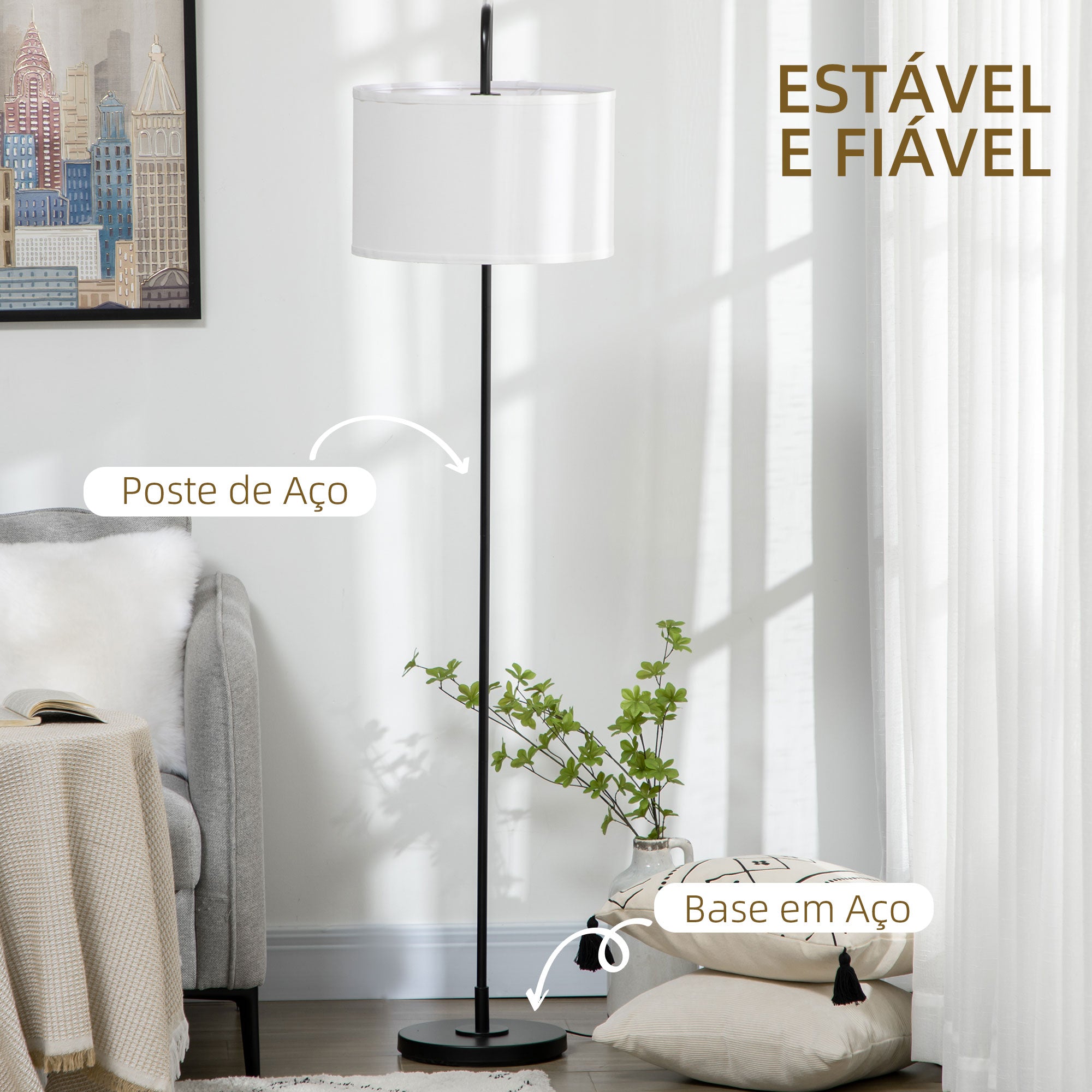 Candeeiro de Pé Moderno com Ecrã de Linho 64x38x163,5cm Branco e Preto