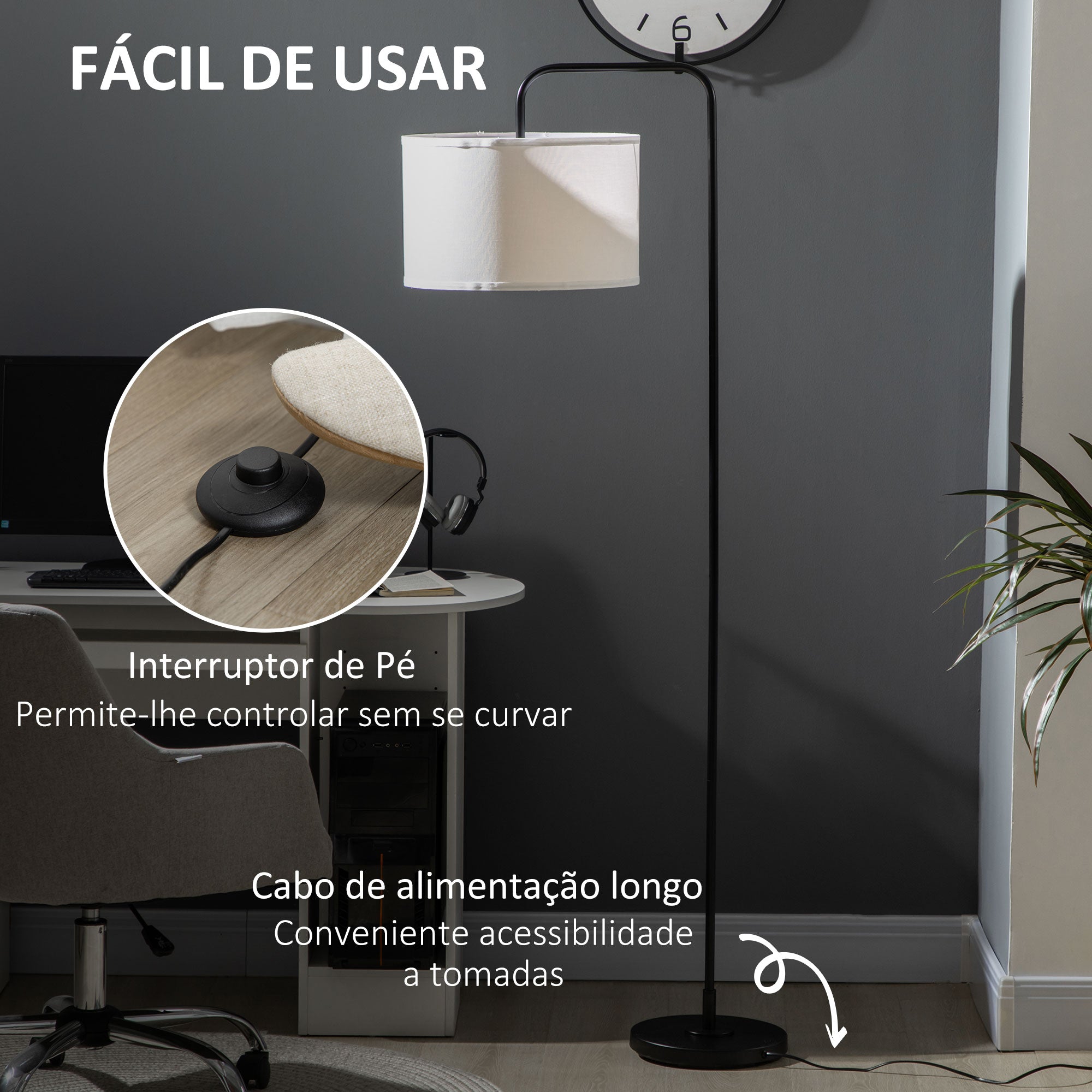 Candeeiro de Pé Moderno com Ecrã de Linho 64x38x163,5cm Branco e Preto