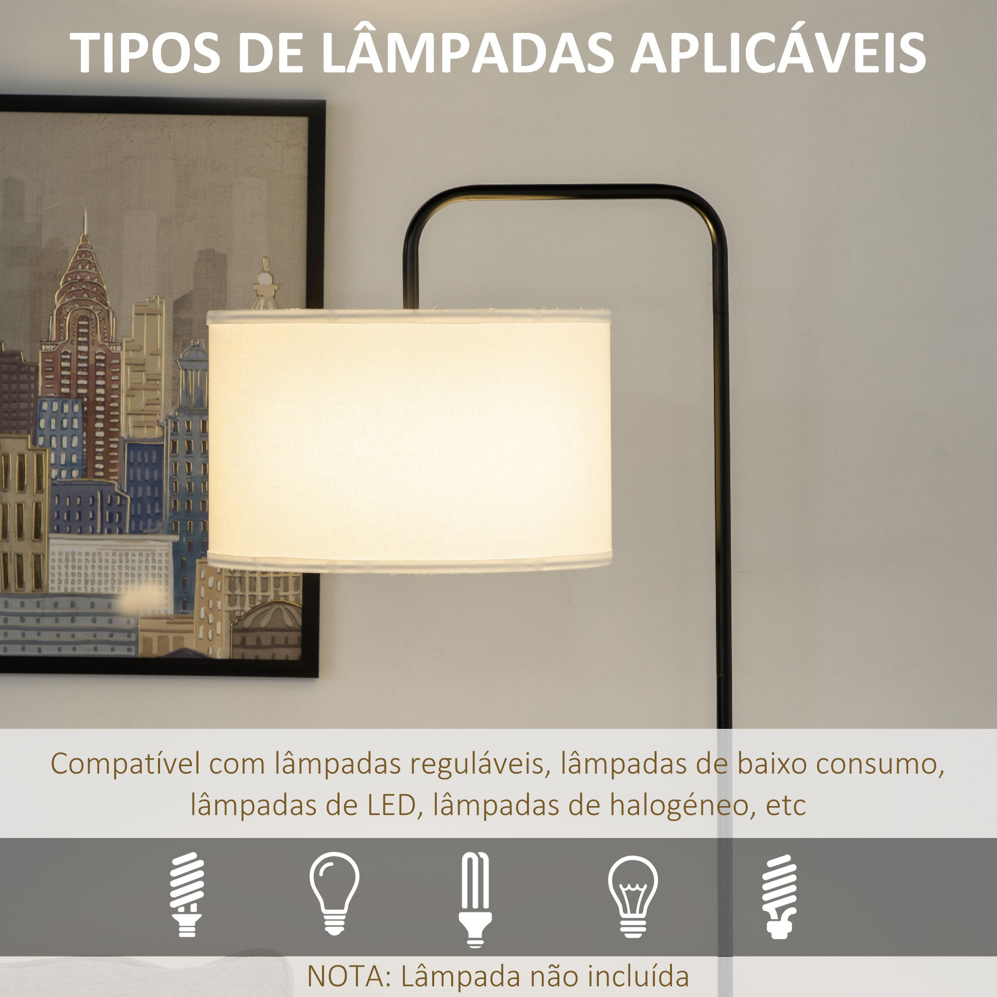 Candeeiro de Pé Moderno com Ecrã de Linho 64x38x163,5cm Branco e Preto