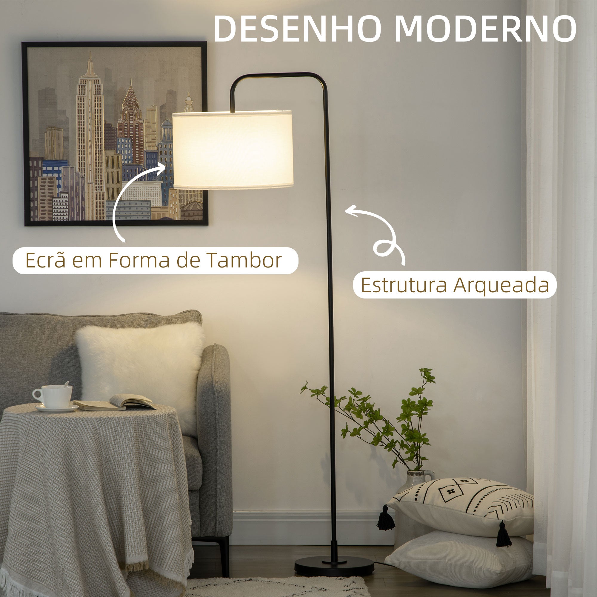 Candeeiro de Pé Moderno com Ecrã de Linho 64x38x163,5cm Branco e Preto
