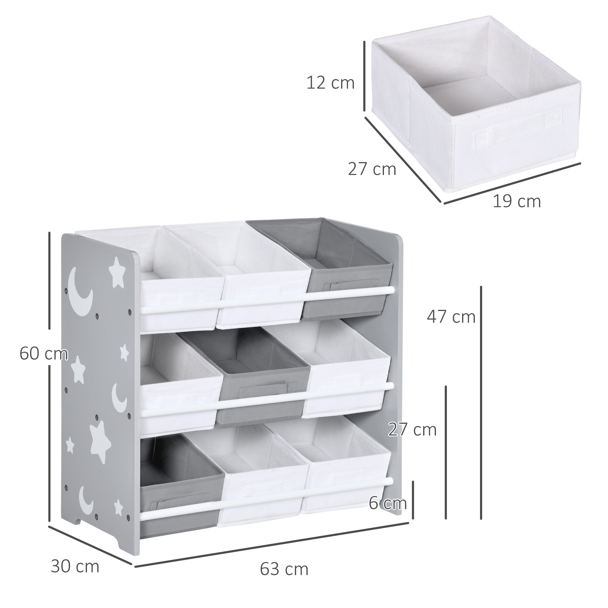 Estante para Brinquedos Cinzenta 63x30x60 cm com 9 Caixas de Tecido não Tecido