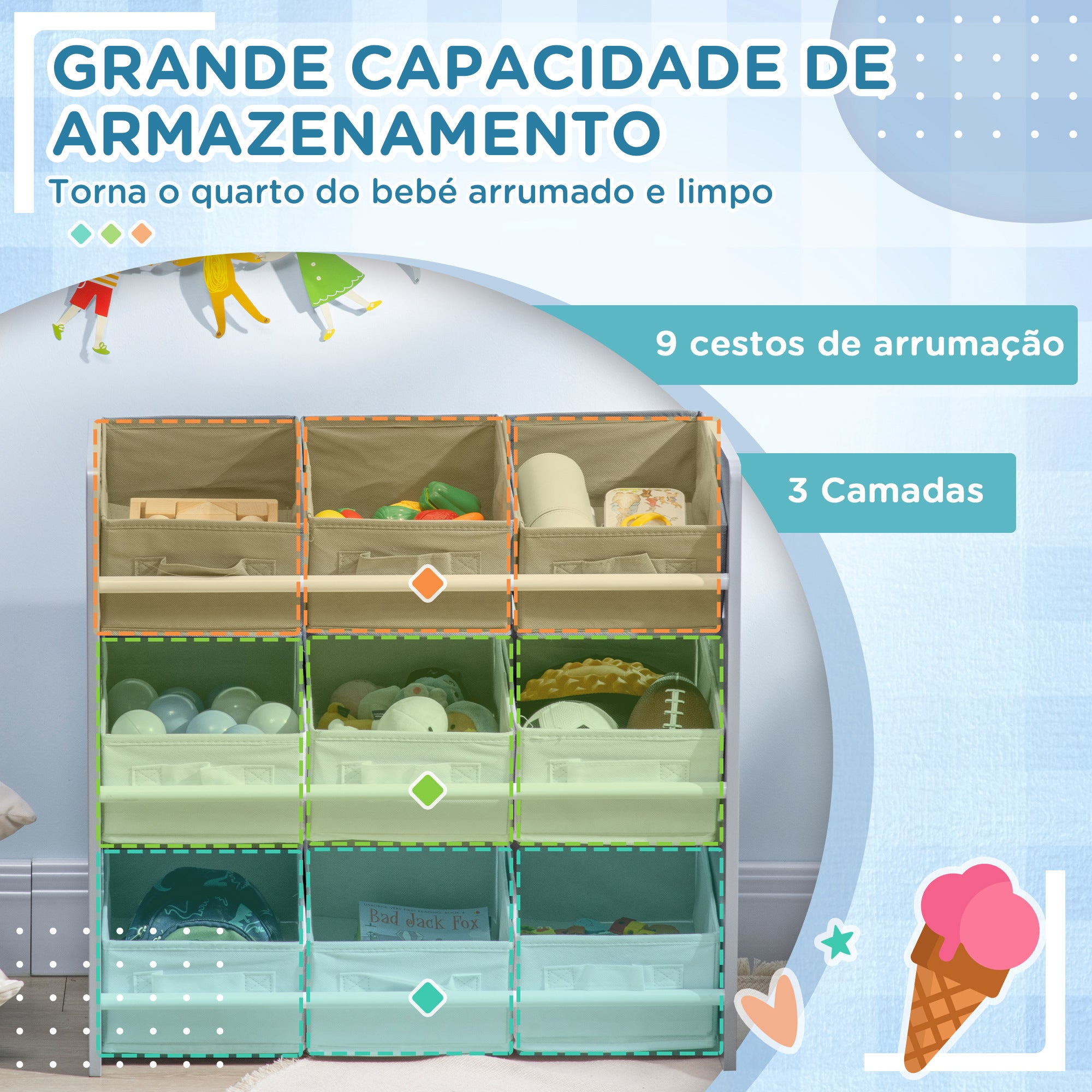 Estante para Brinquedos Cinzenta 63x30x60 cm com 9 Caixas de Tecido não Tecido