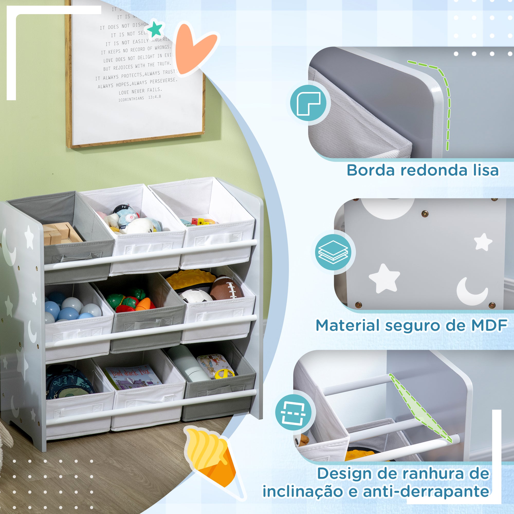 Estante para Brinquedos Cinzenta 63x30x60 cm com 9 Caixas de Tecido não Tecido