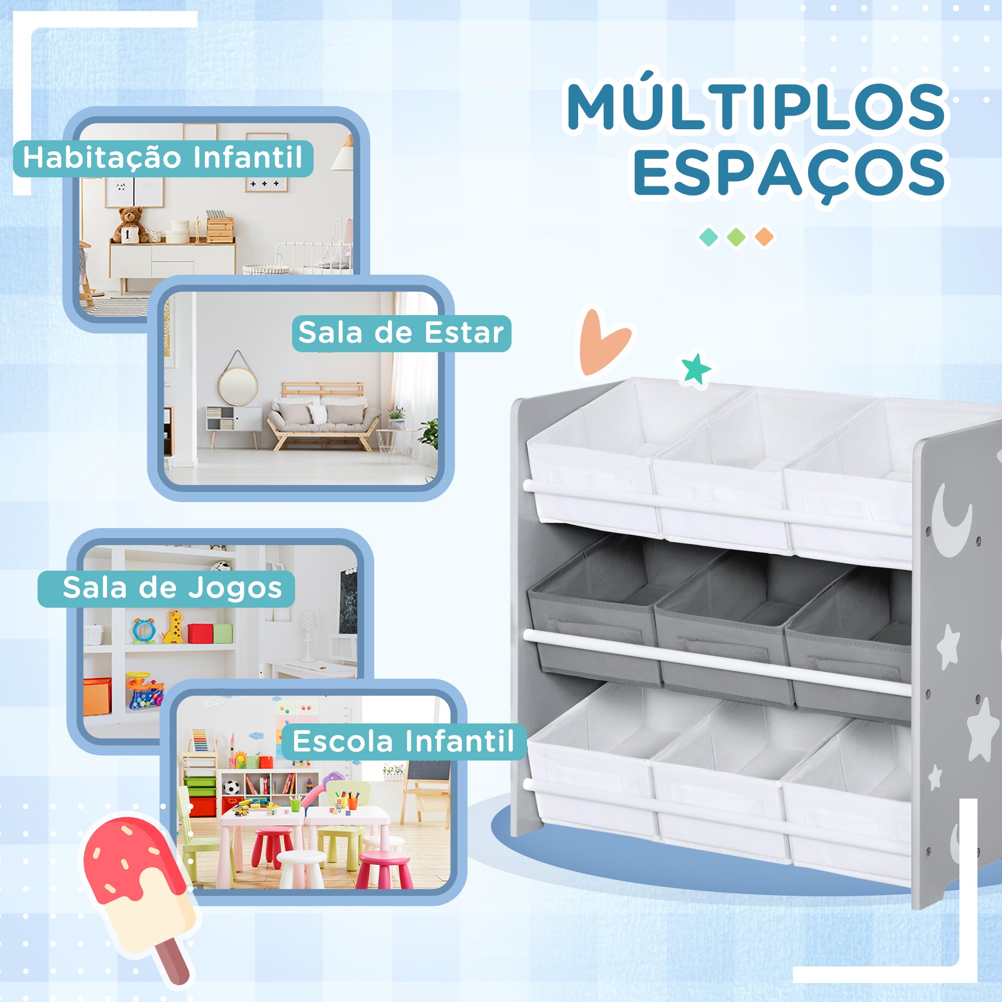 Estante para Brinquedos Cinzenta 63x30x60 cm com 9 Caixas de Tecido não Tecido