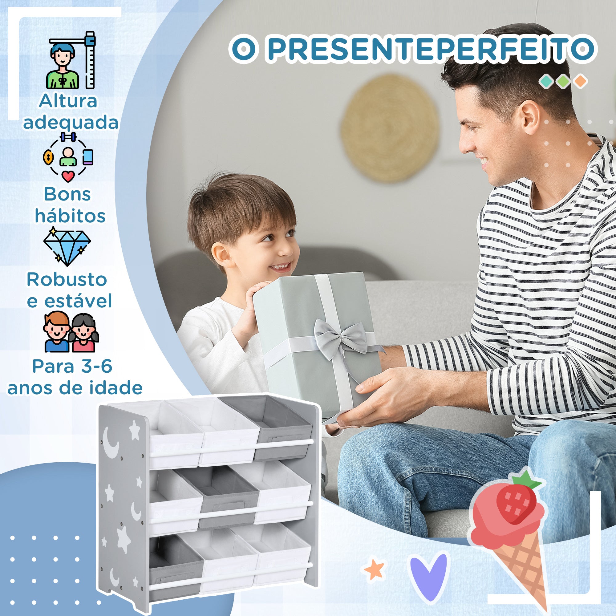 Estante para Brinquedos Cinzenta 63x30x60 cm com 9 Caixas de Tecido não Tecido