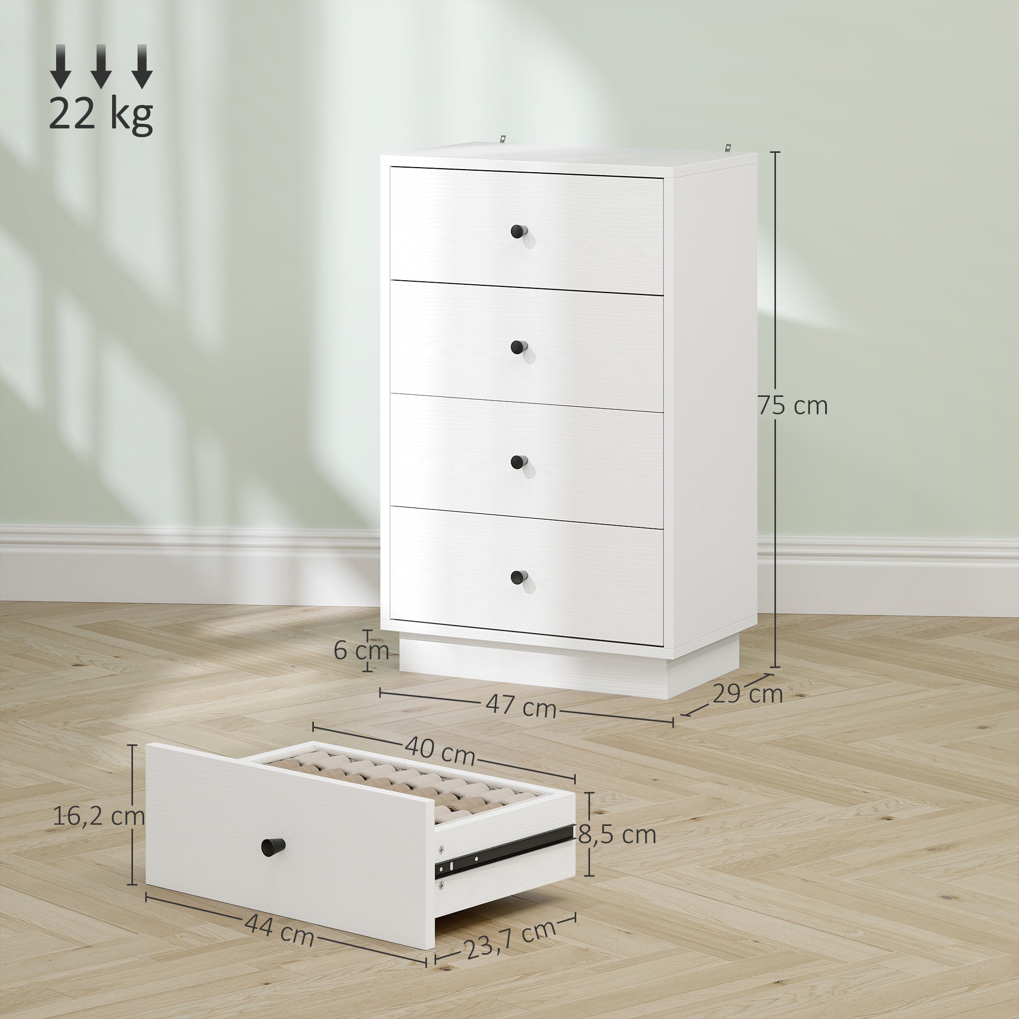 Cómoda Moderna de 4 Gavetas Branca 47x29x75 cm