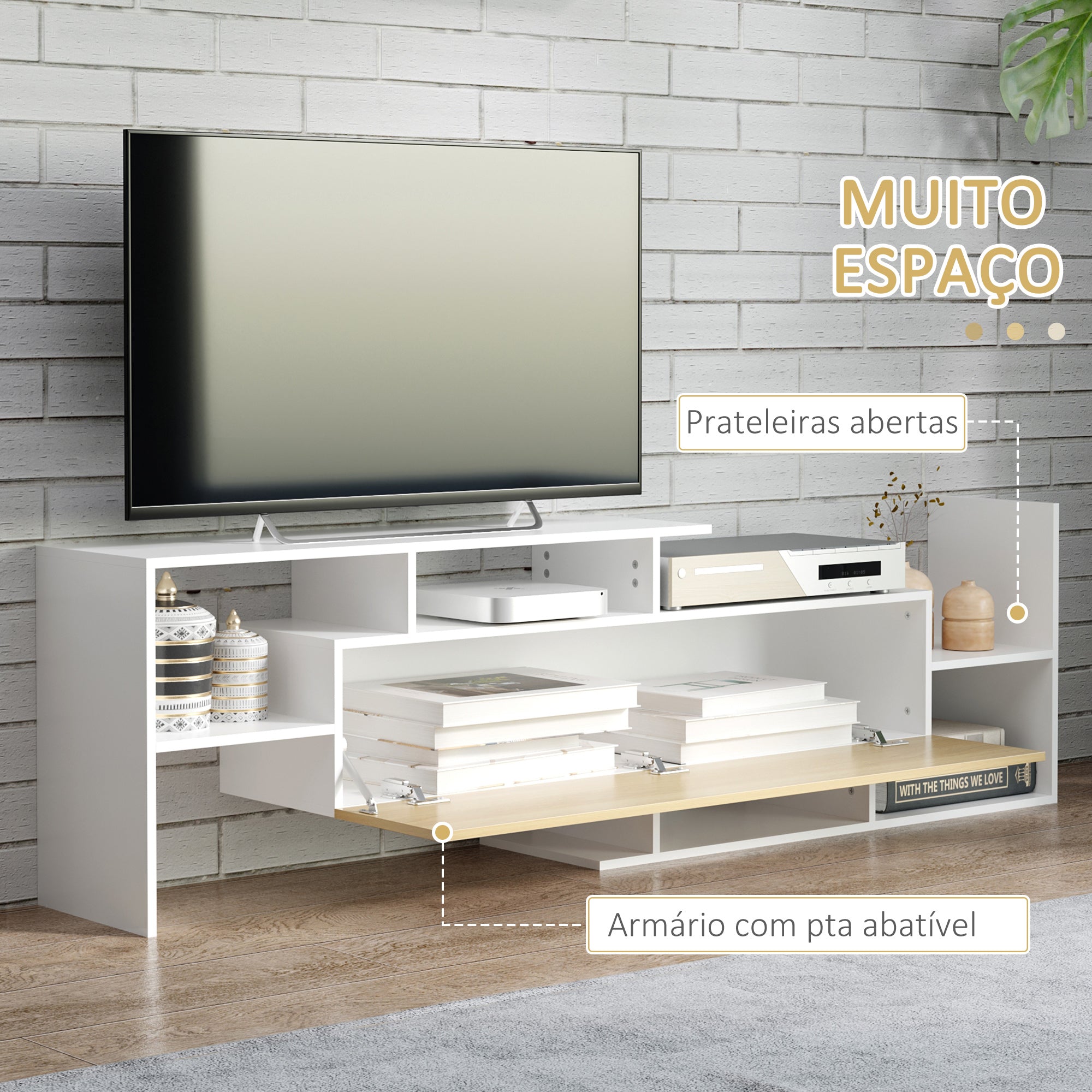 Móvel de TV Moderno 153,6x25x42cm Branco e Madeira