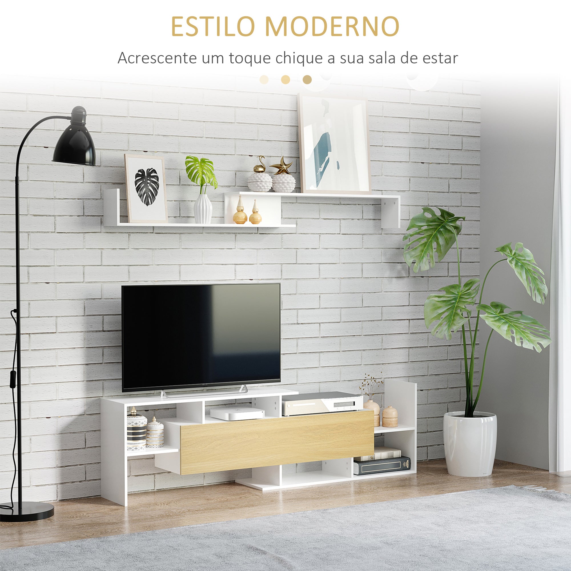 Móvel de TV Moderno 153,6x25x42cm Branco e Madeira