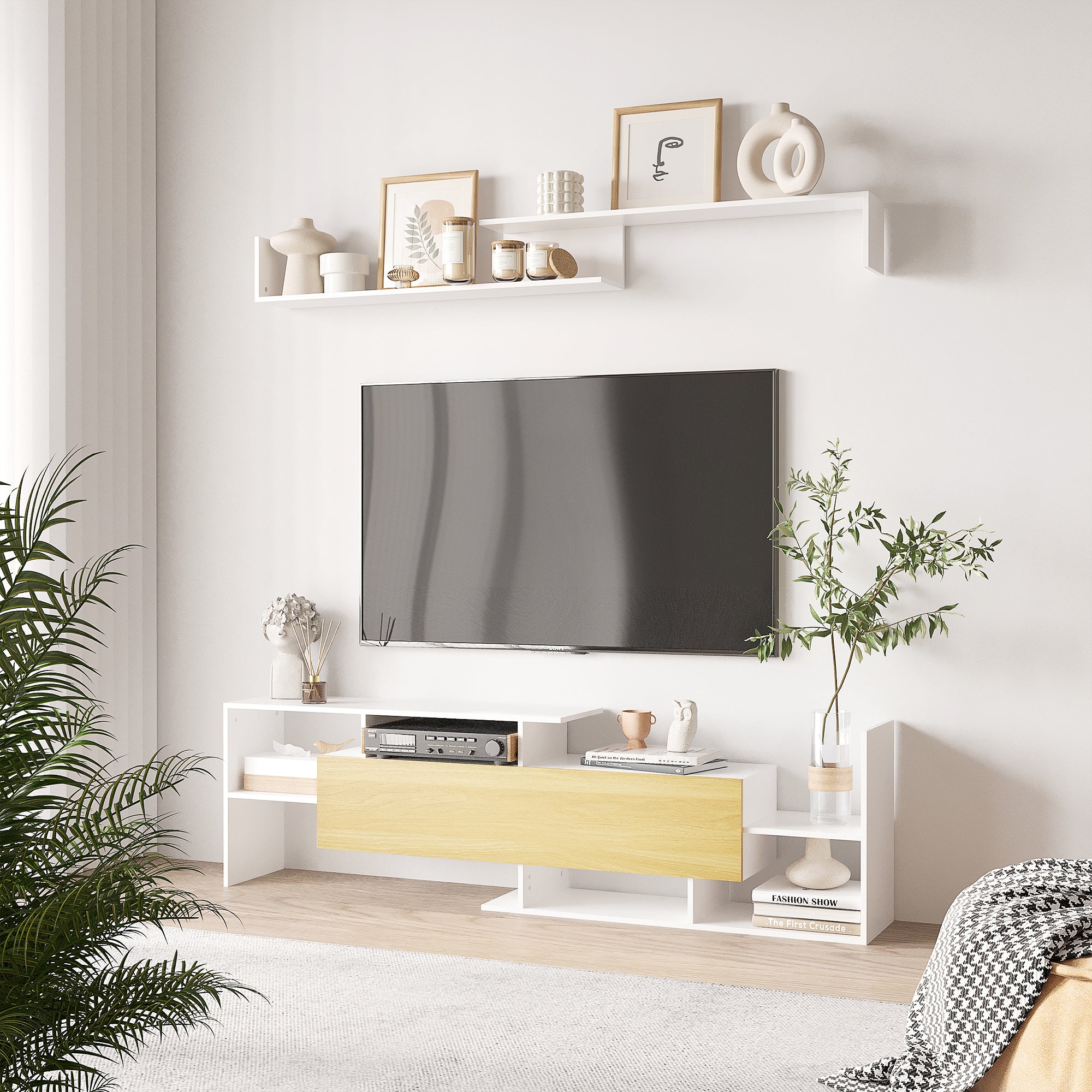 Móvel de TV Moderno 153,6x25x42cm Branco e Madeira
