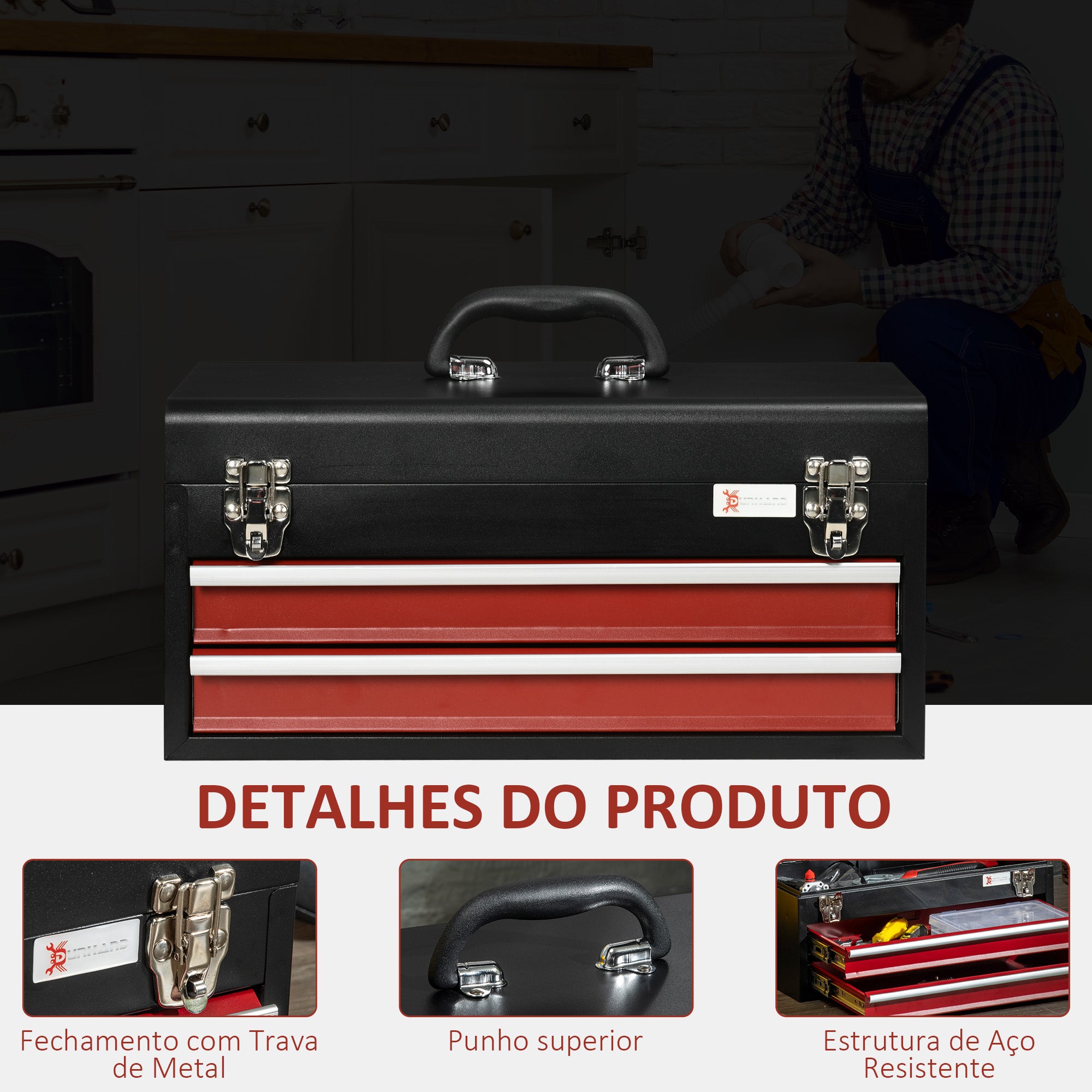 Caixa de Ferramentas de Aço – 46x24x22 cm – Preto e Vermelho