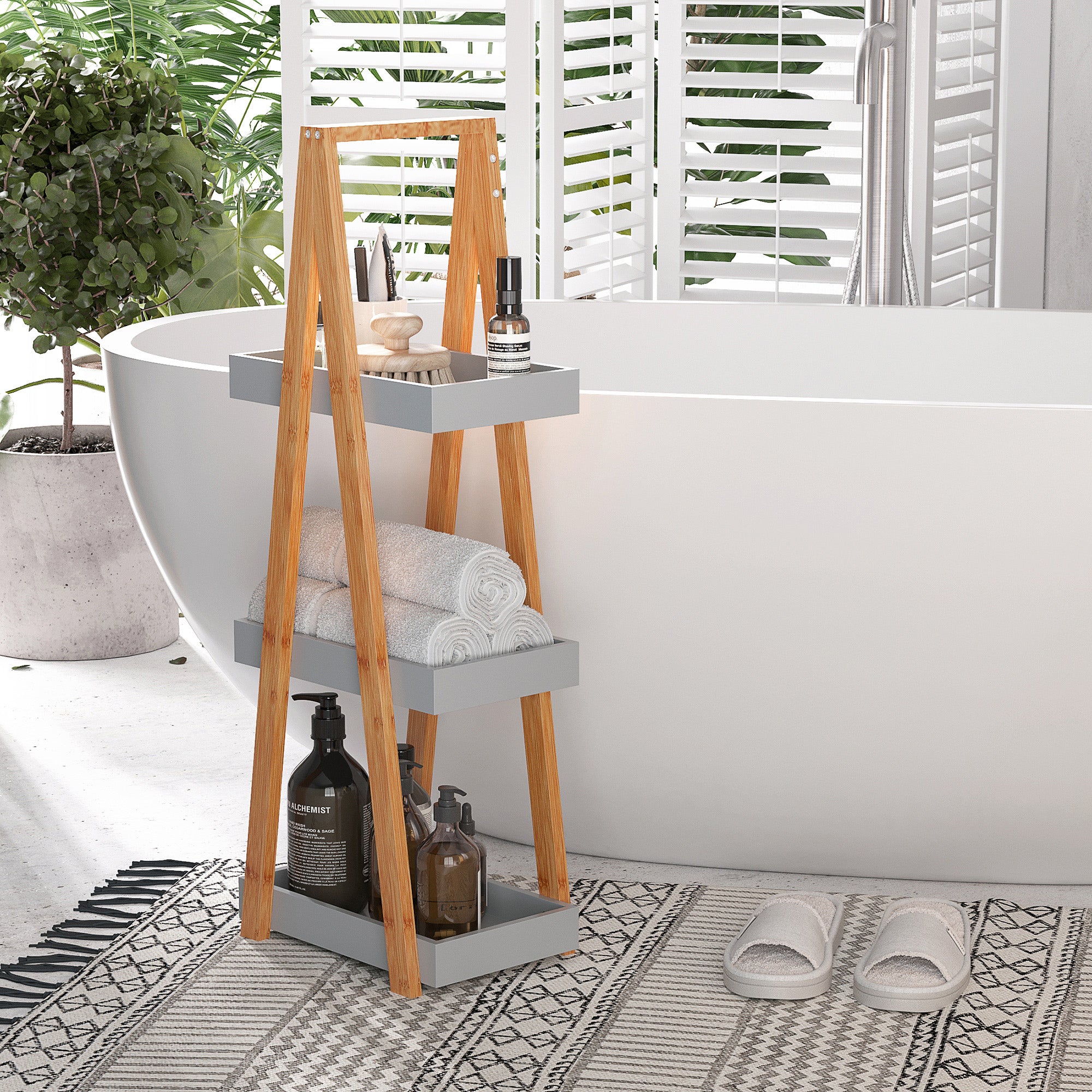 Estante de Bambú para Casa de Banho 30x18x81cm - Madeira e Cinza