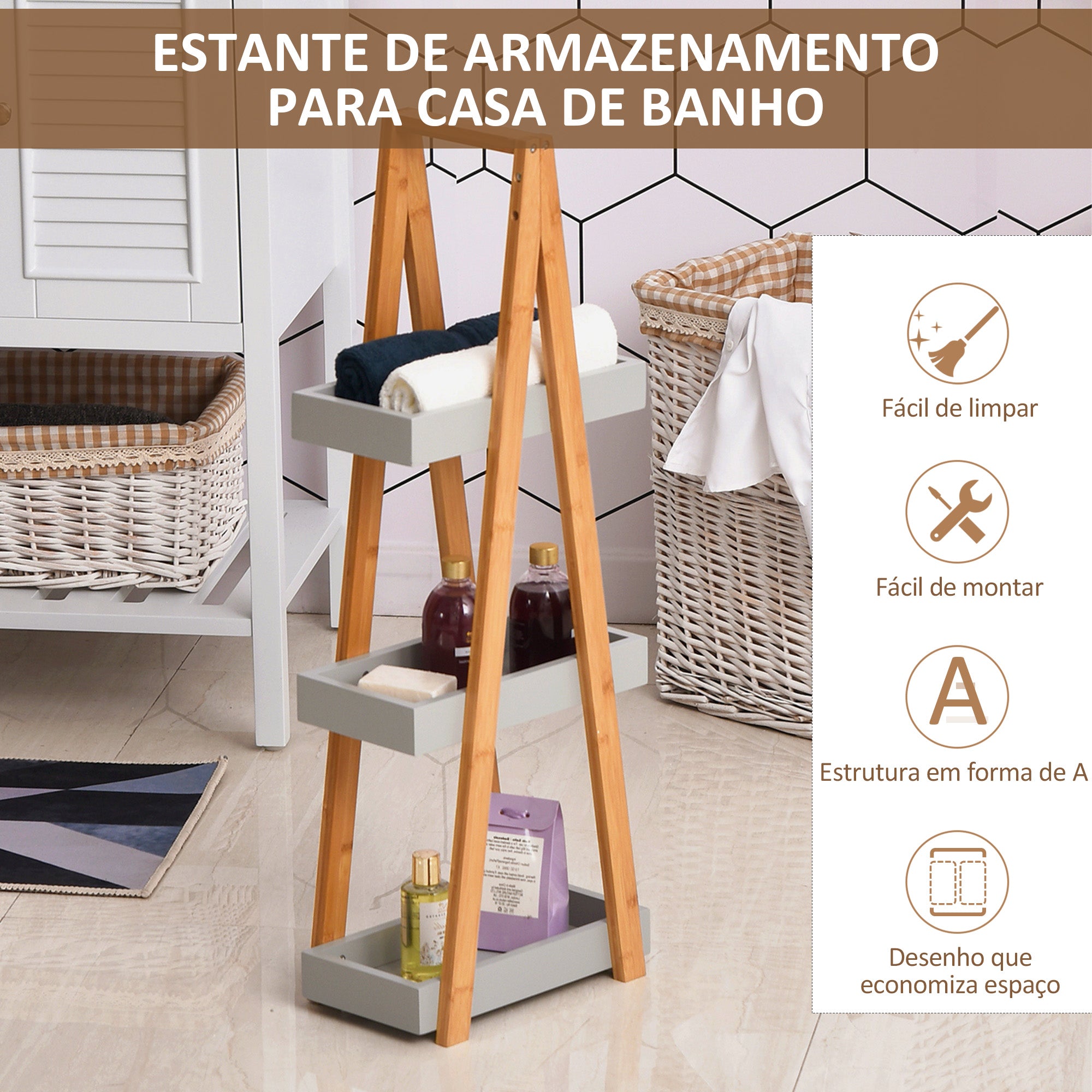 Estante de Bambú para Casa de Banho 30x18x81cm - Madeira e Cinza