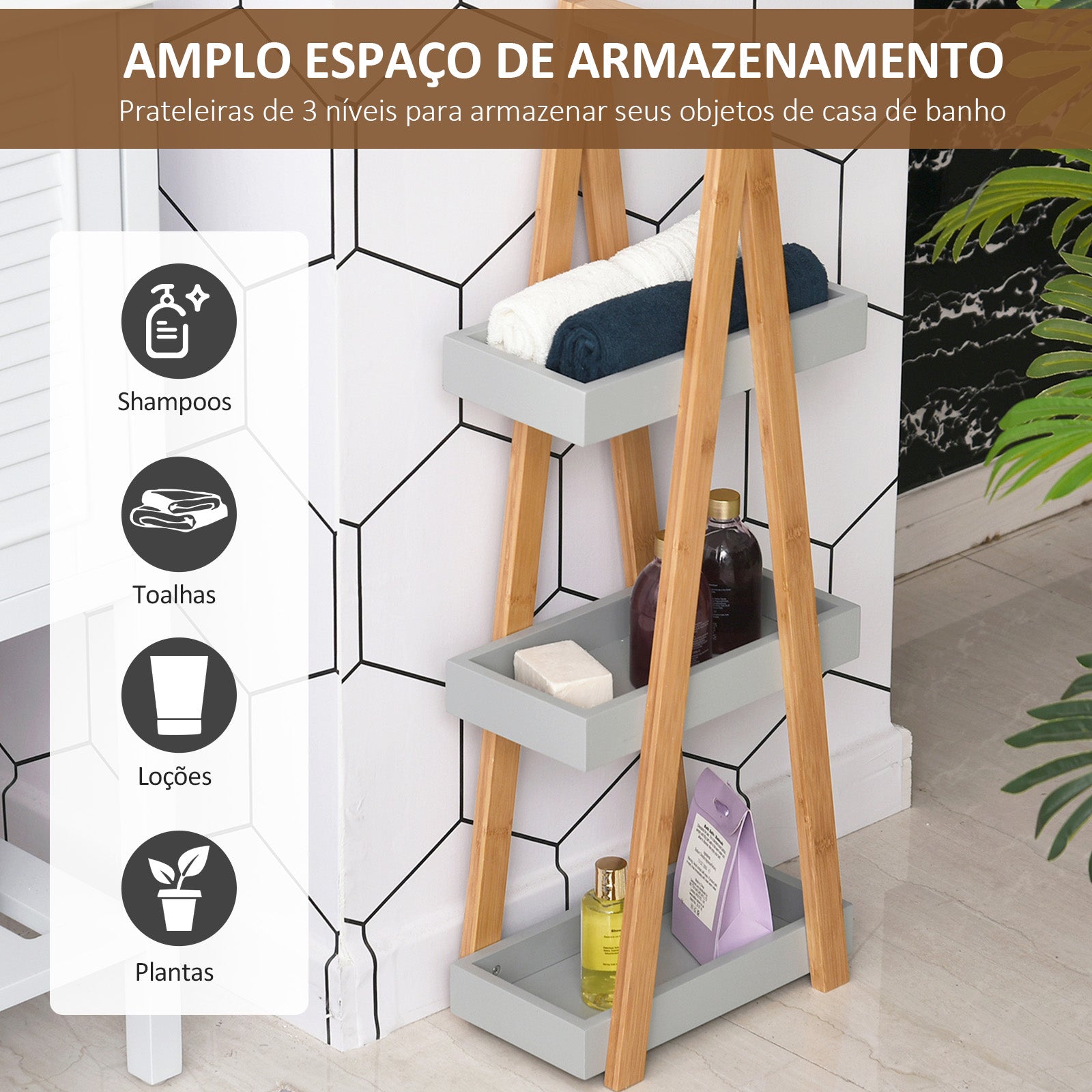 Estante de Bambú para Casa de Banho 30x18x81cm - Madeira e Cinza