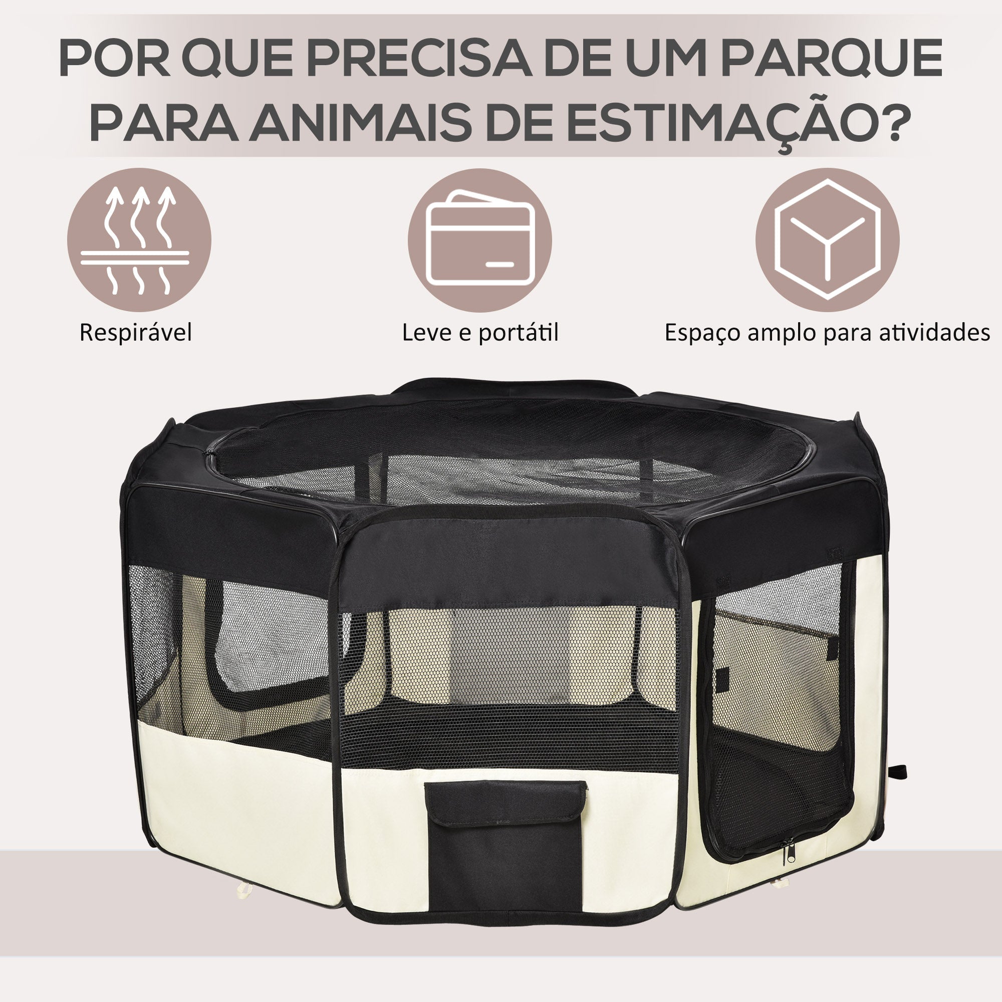 Parque Portátil para Cães e Gatos Ø120x58 cm Preto e Creme