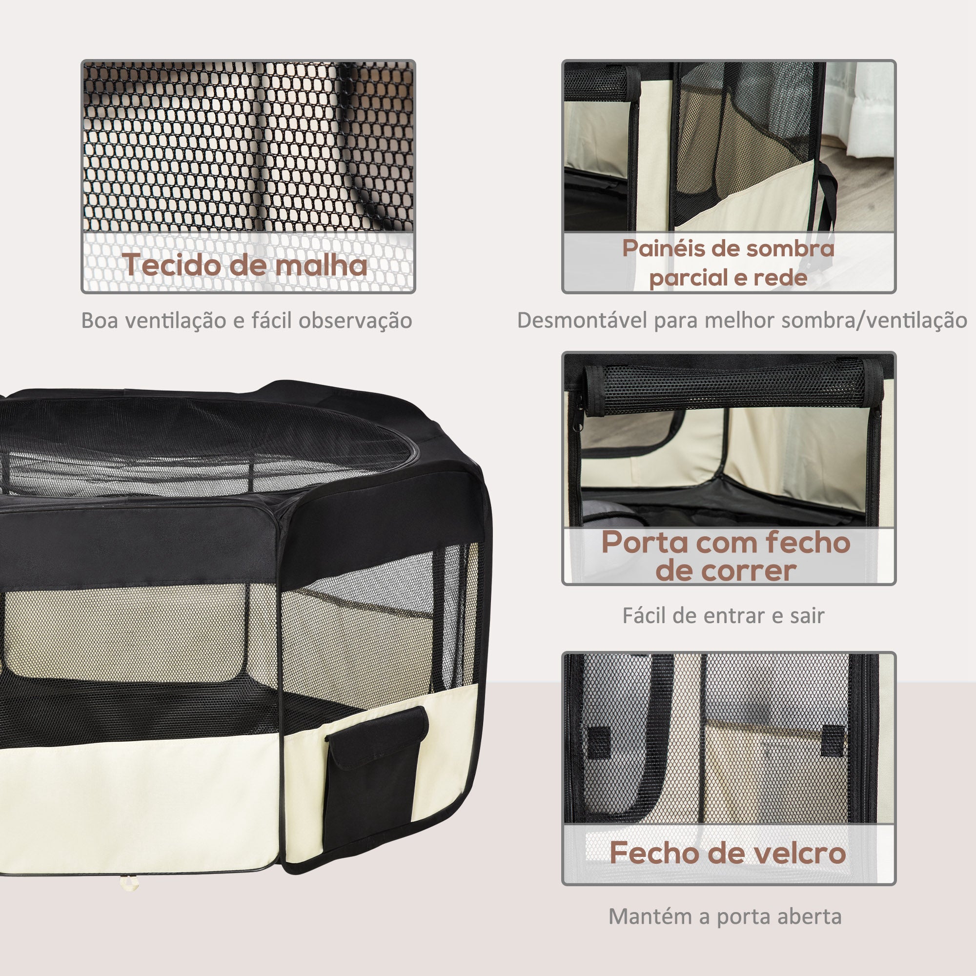Parque Portátil para Cães e Gatos Ø120x58 cm Preto e Creme