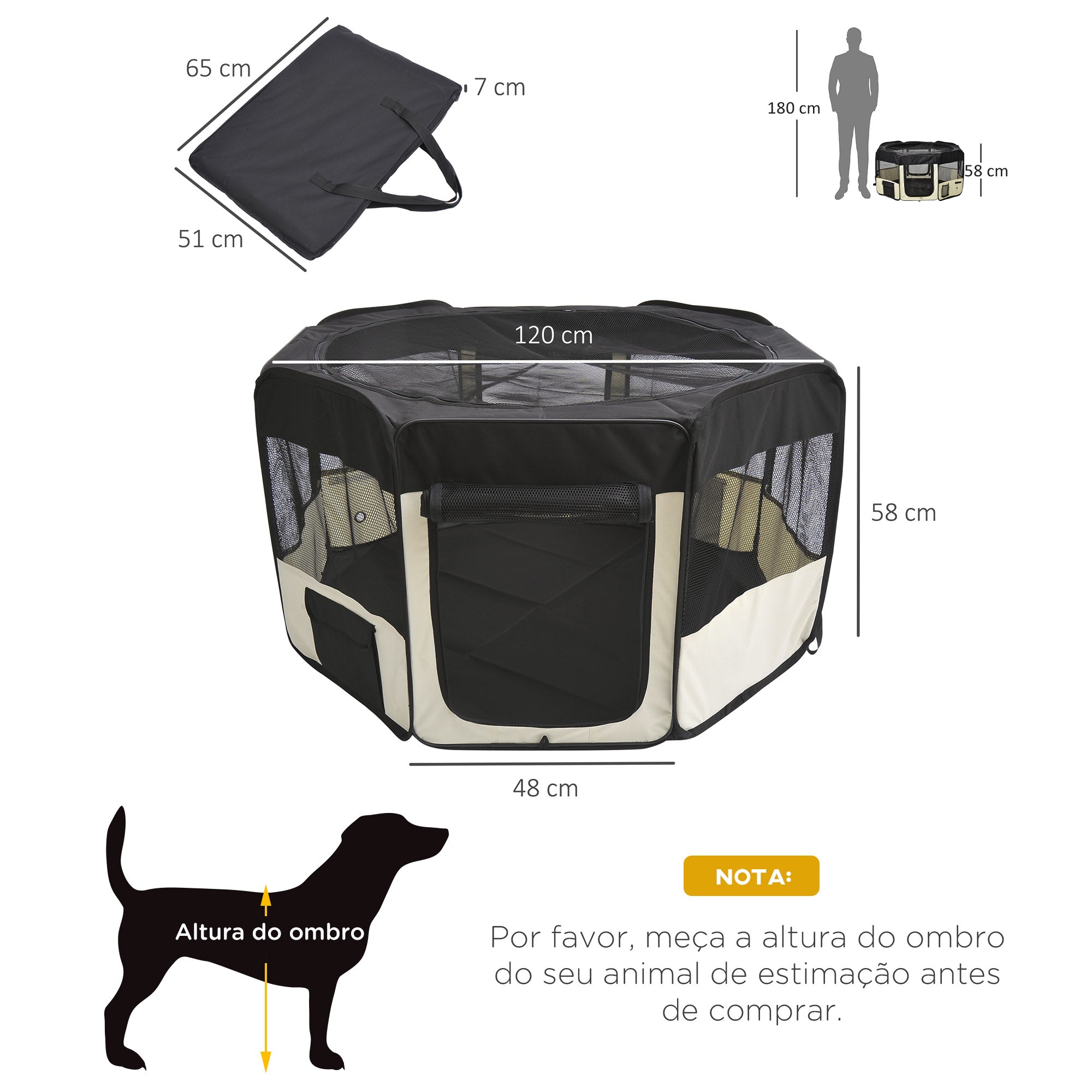 Parque Portátil para Cães e Gatos Ø120x58 cm Preto e Creme
