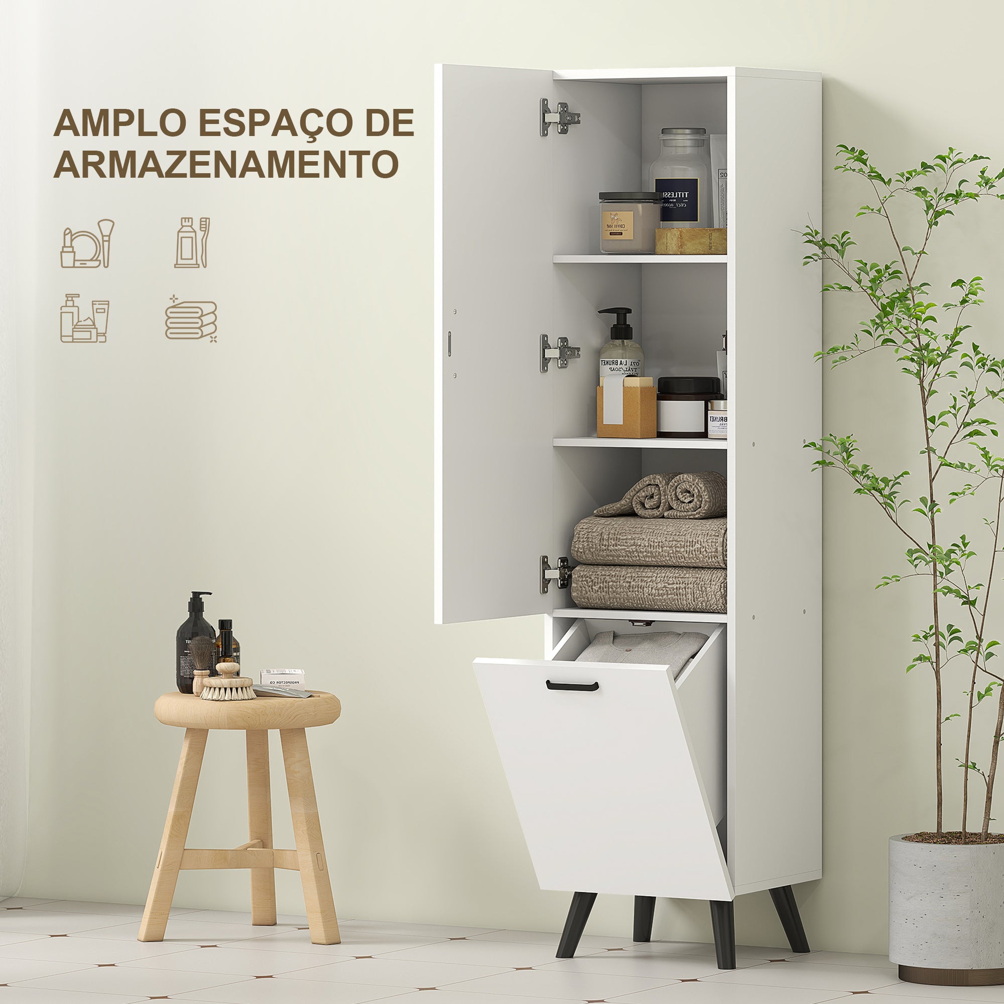 Armário Alto Estreito para Casa de Banho 35x31,5x144 cm - Branco