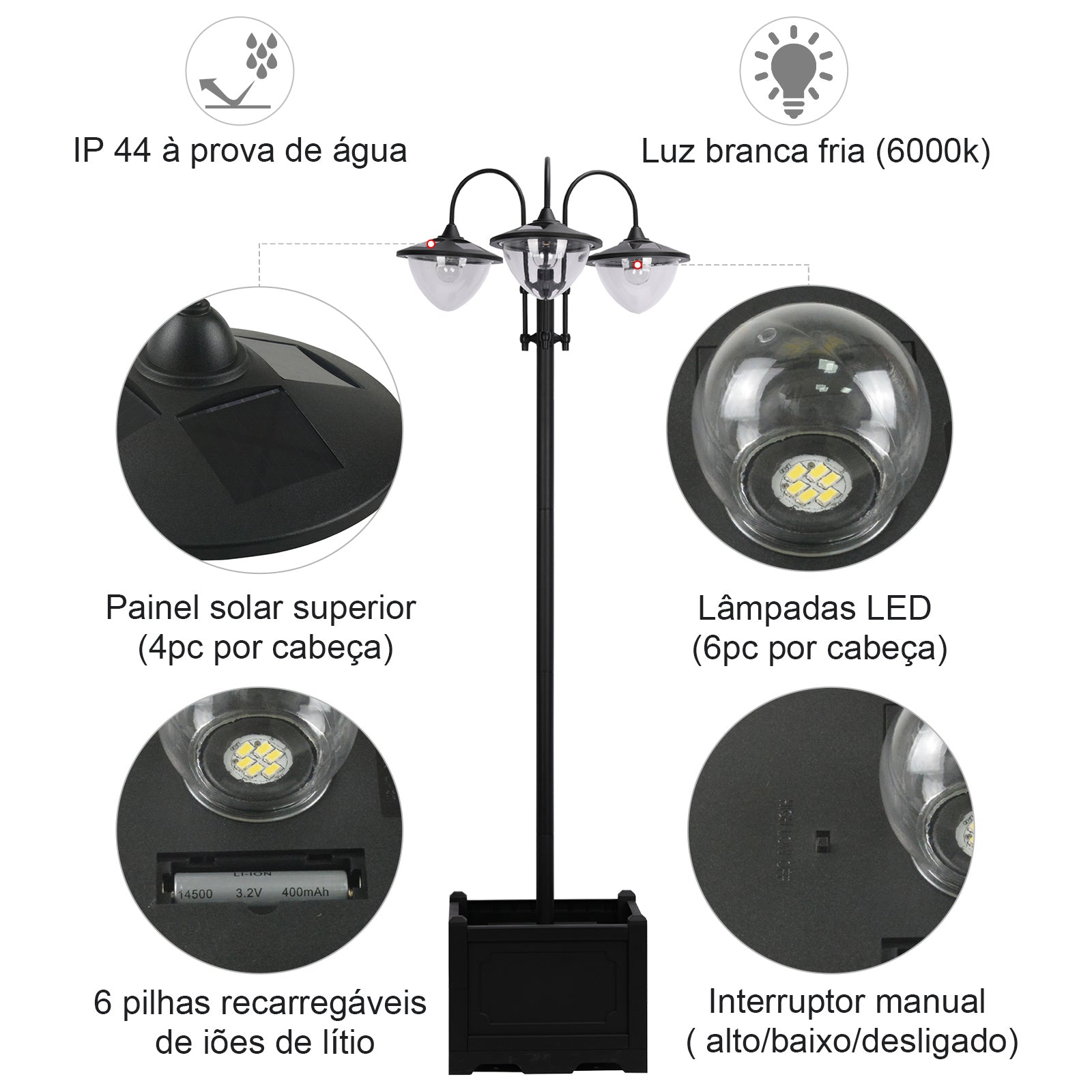 Candeeiro Solar para Exterior – 60x55x189 cm – Preto – Polipropileno, ABS, Aço Inoxidável, Liga de Alumínio