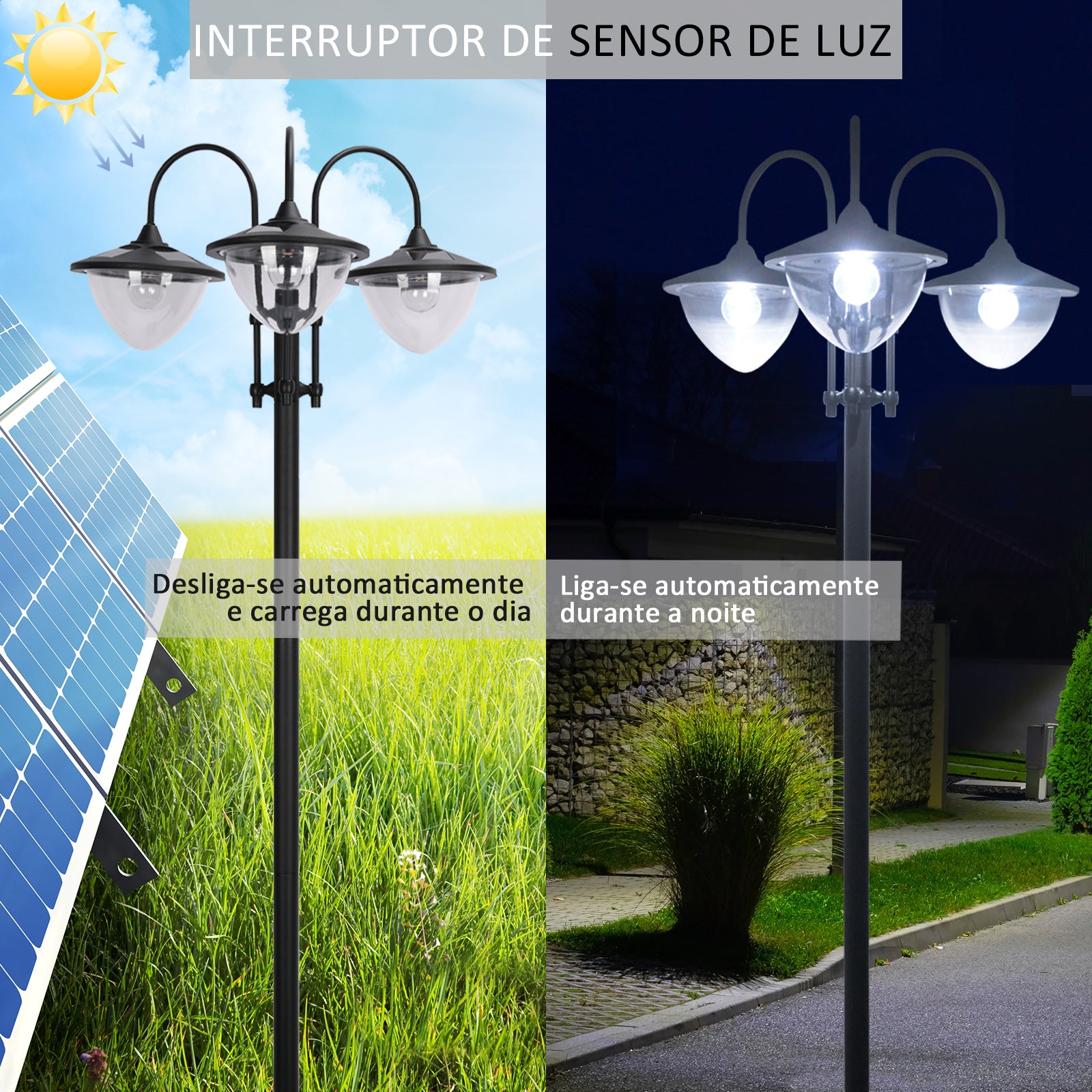 Candeeiro Solar para Exterior – 60x55x189 cm – Preto – Polipropileno, ABS, Aço Inoxidável, Liga de Alumínio