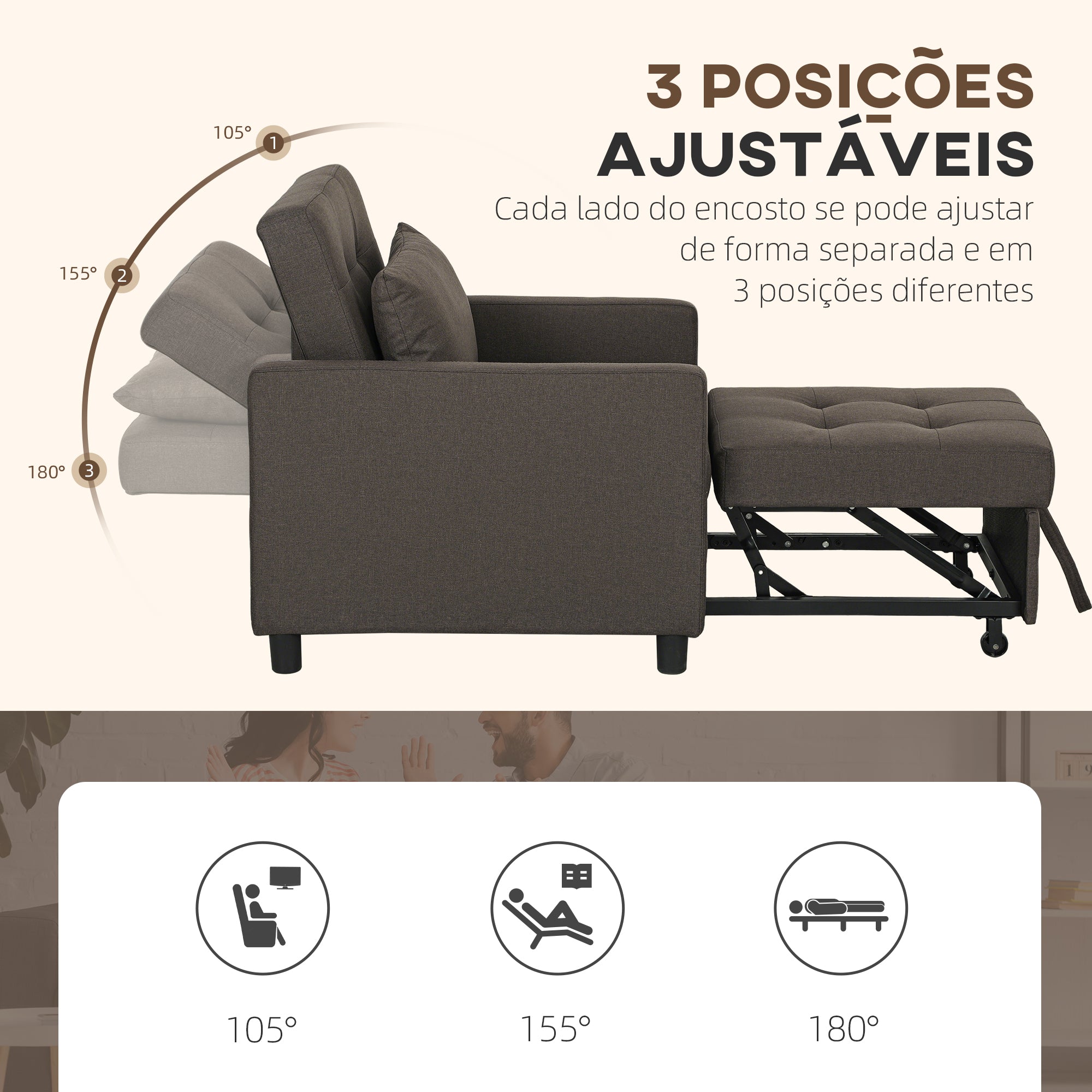 Sofá Cama Individual Cinzento 69x82,5x84 cm com Encosto Reclinável e Almofada Extra