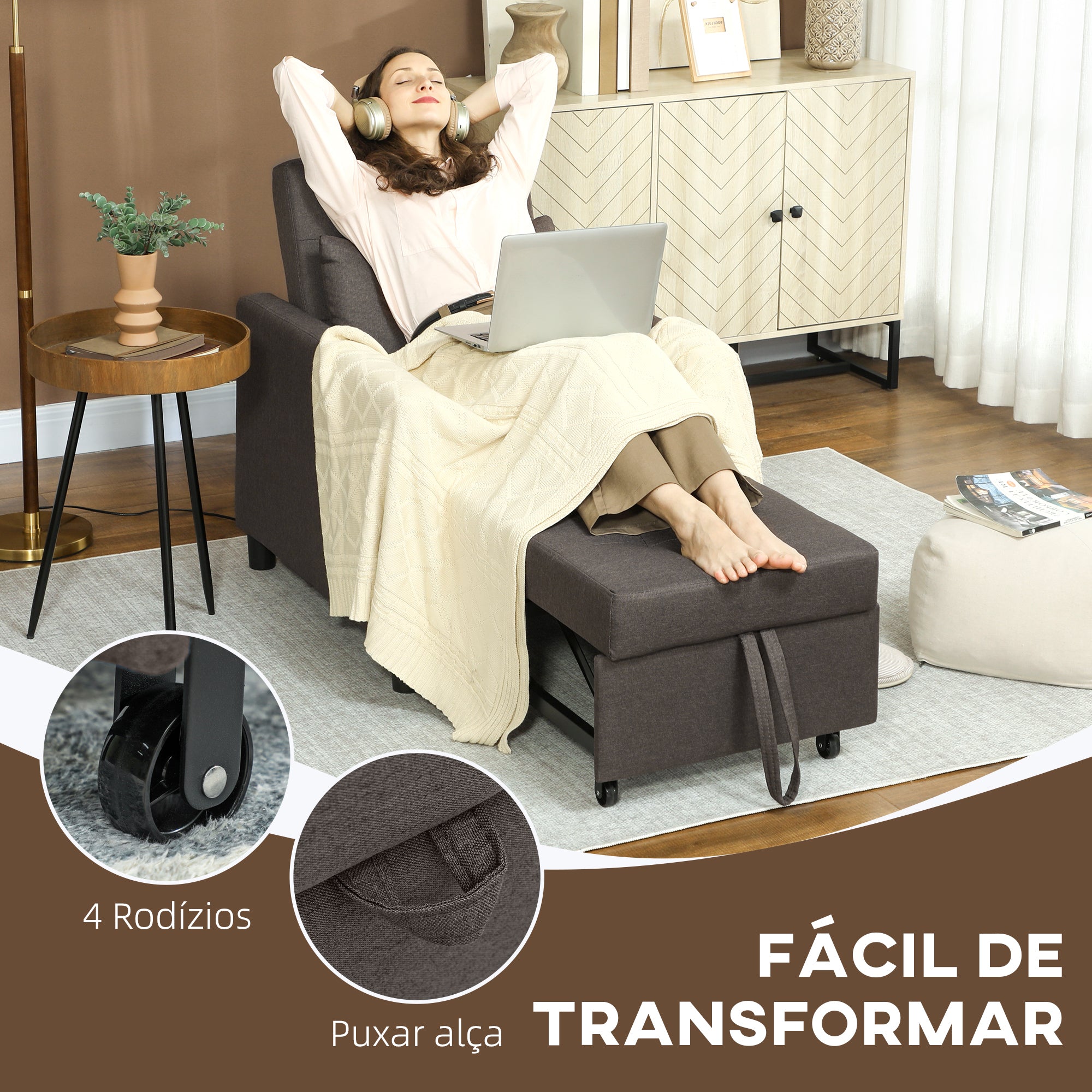 Sofá Cama Individual Cinzento 69x82,5x84 cm com Encosto Reclinável e Almofada Extra