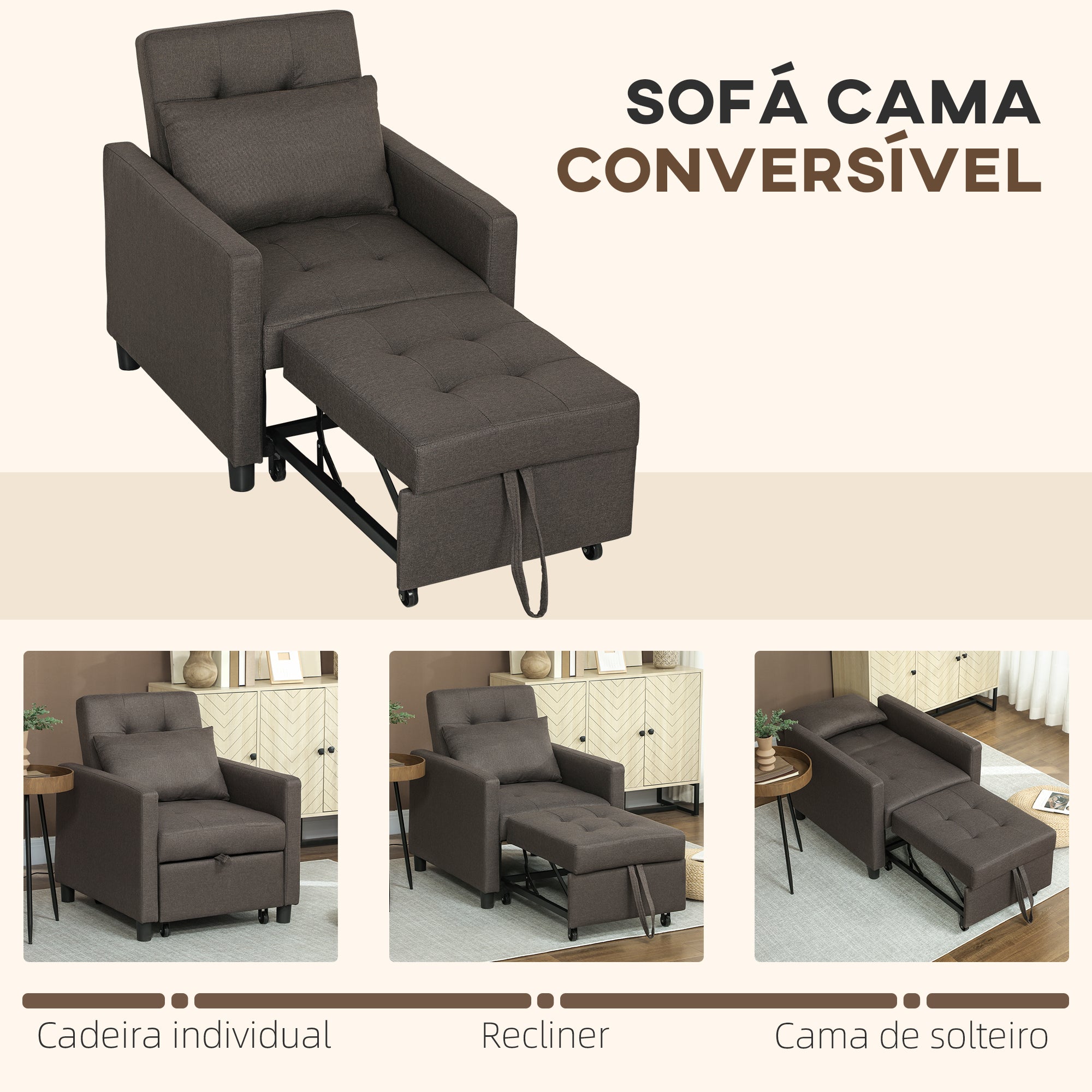 Sofá Cama Individual Cinzento 69x82,5x84 cm com Encosto Reclinável e Almofada Extra