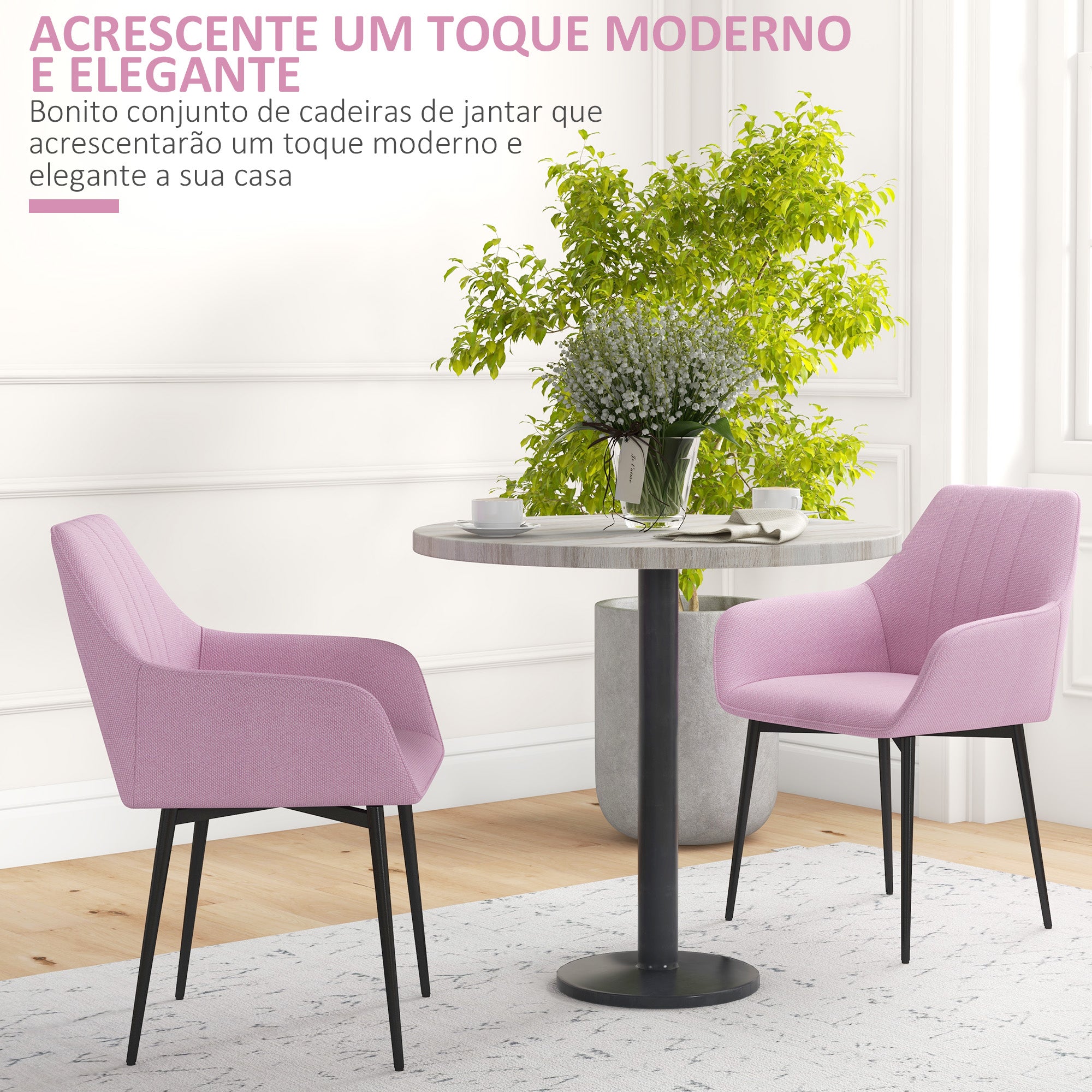 Conjunto de 2 Cadeiras de Sala de Jantar Estofadas em Linho 59,5x56,5x81 cm - Rosa