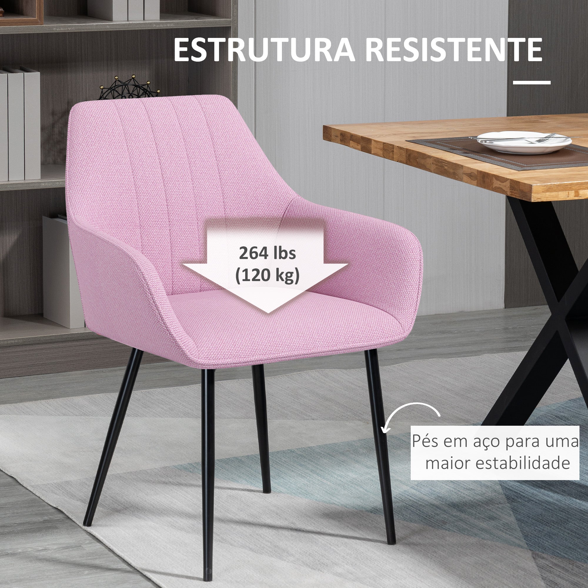 Conjunto de 2 Cadeiras de Sala de Jantar Estofadas em Linho 59,5x56,5x81 cm - Rosa