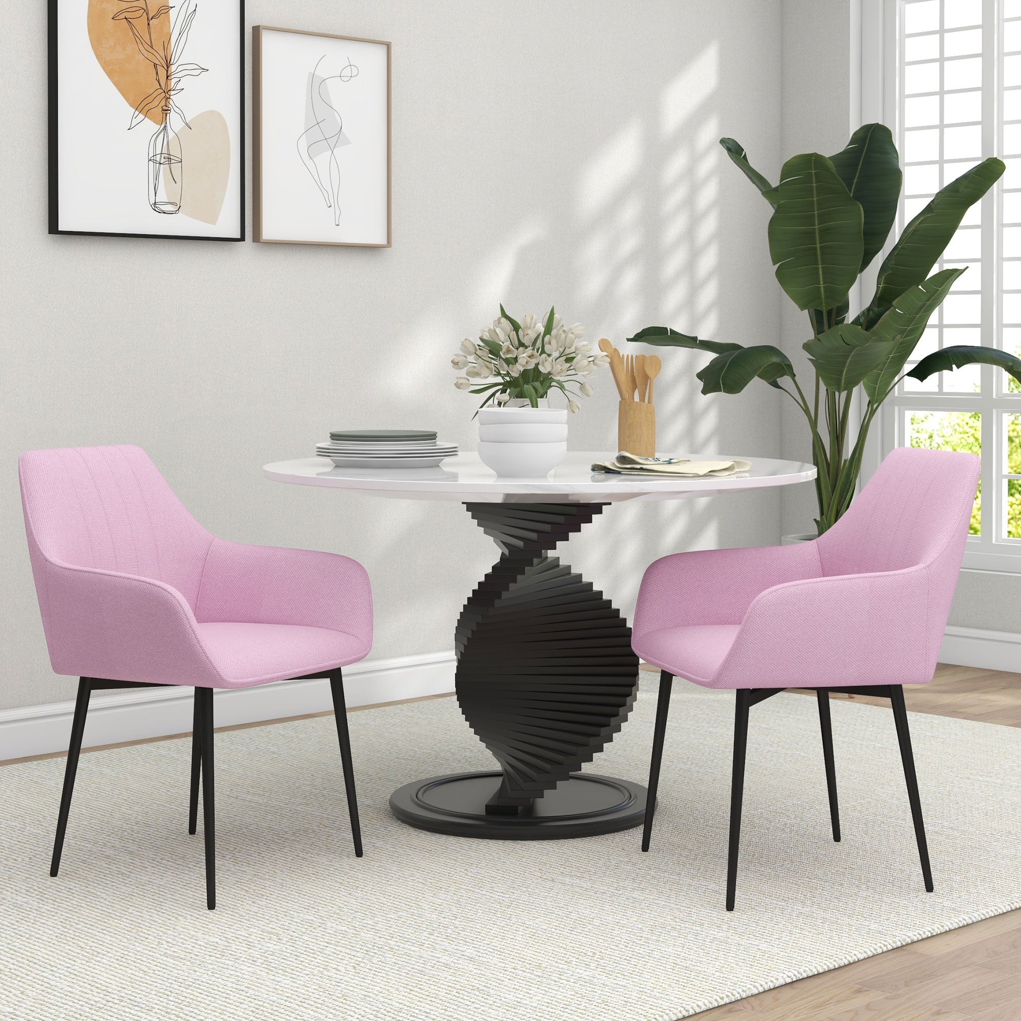 Conjunto de 2 Cadeiras de Sala de Jantar Estofadas em Linho 59,5x56,5x81 cm - Rosa