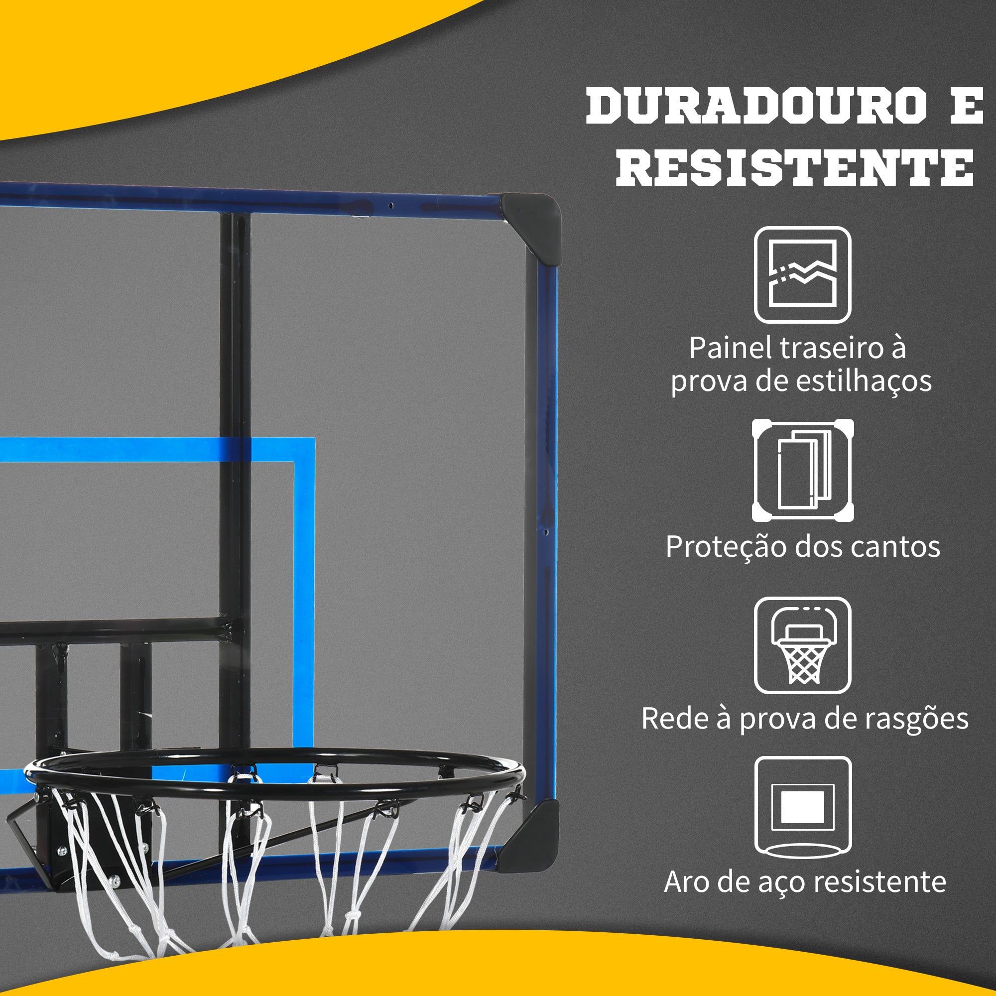 Tabela de Basquetebol de Parede – 113x61x73 cm – Preto e Azul – Aço e Policarbonato